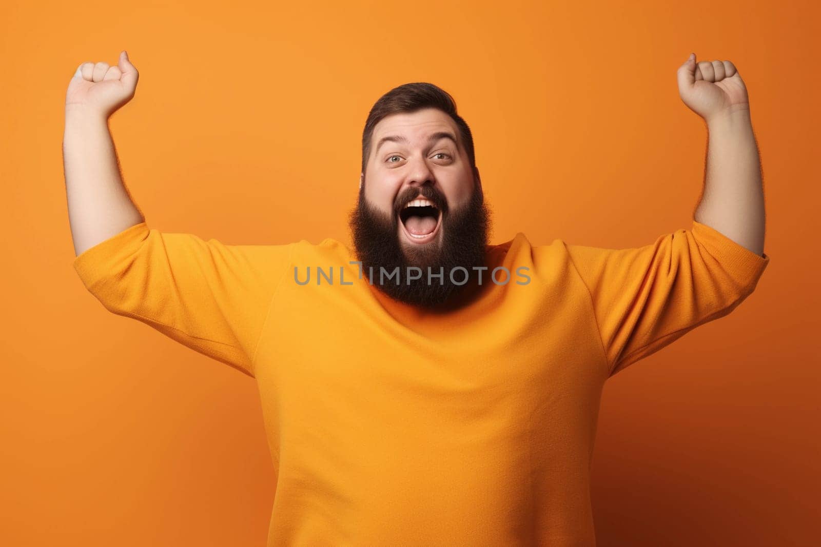 A man with a beard and a yellow shirt is celebrating a victory. AI generation by gulyaevstudio