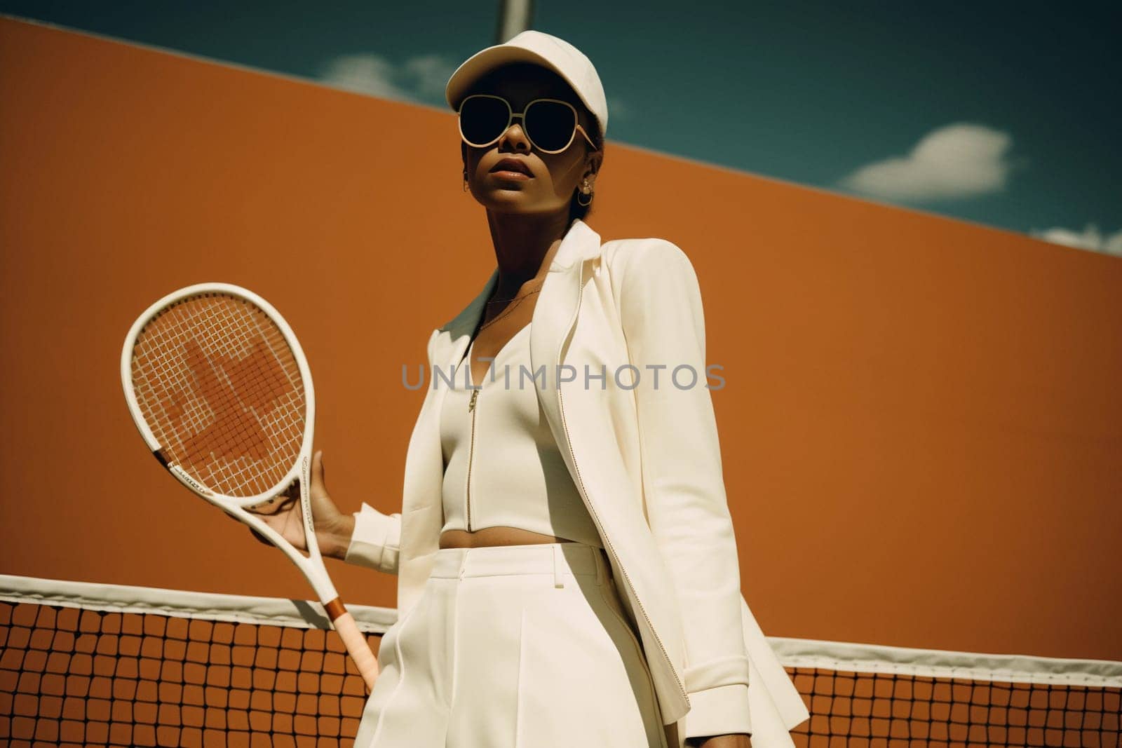 A woman wearing a white outfit holds a tennis racket in front of a orange wall.