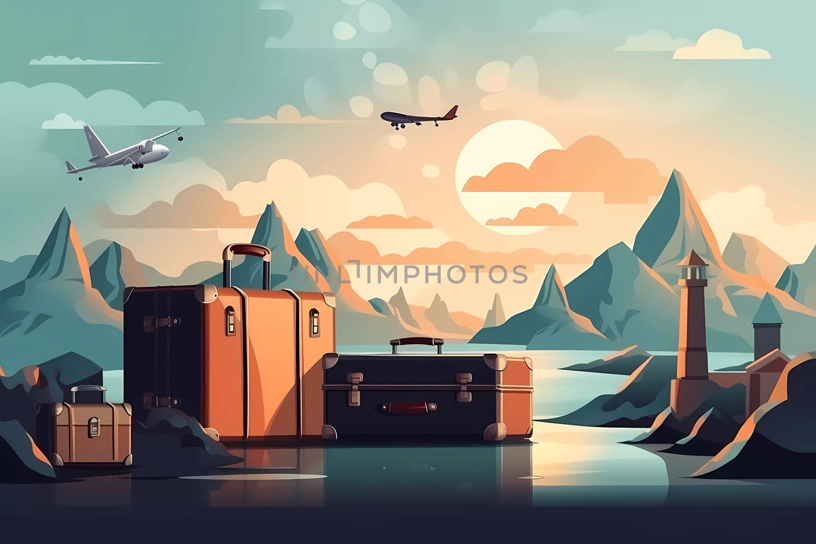 A cartoon illustration of a suitcases and a plane flying over mountains. AI generation by gulyaevstudio