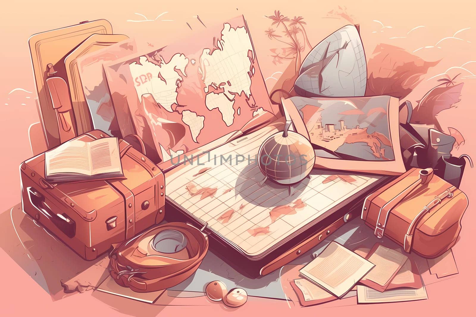 A drawing of a suitcase and a map on a desk. AI generation by gulyaevstudio