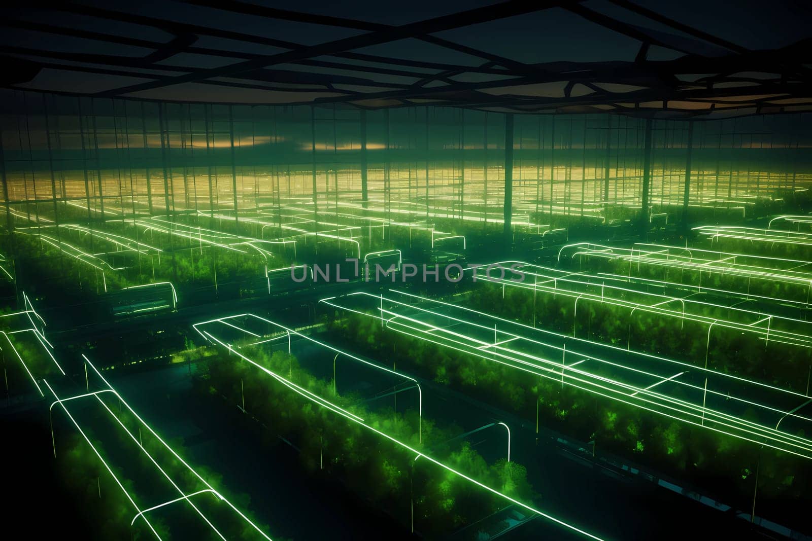 A vertical farm with a green light green AI generation by gulyaevstudio