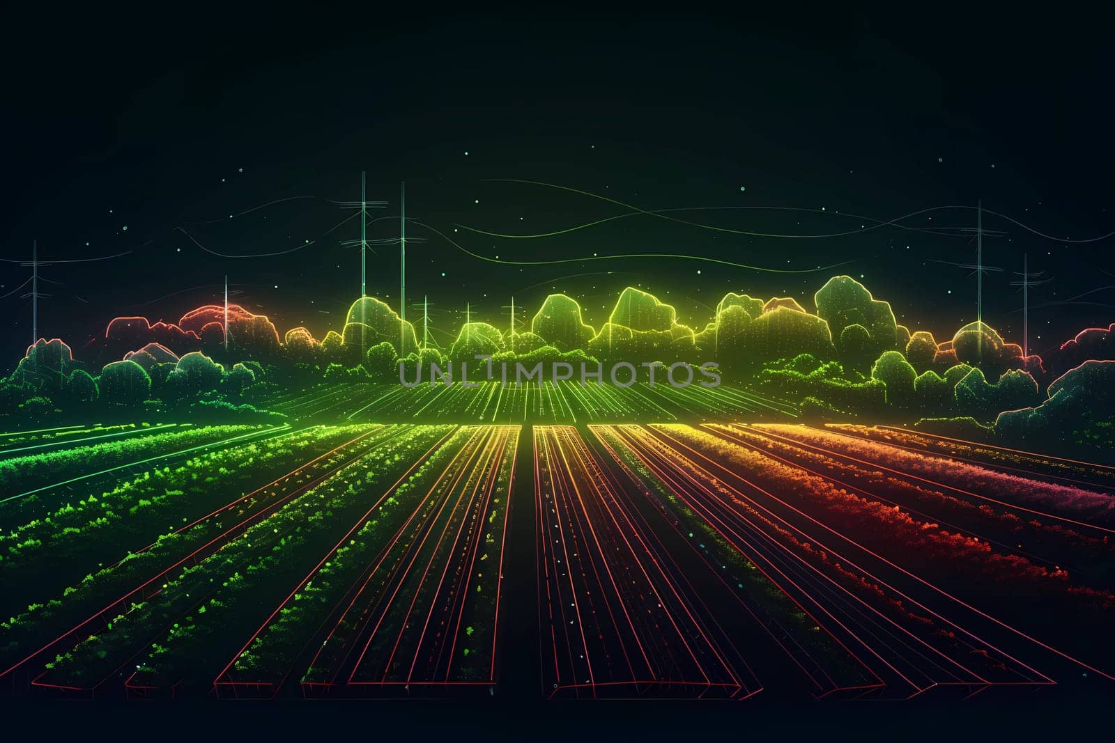 A digital illustration of a field with a green field AI generation by gulyaevstudio