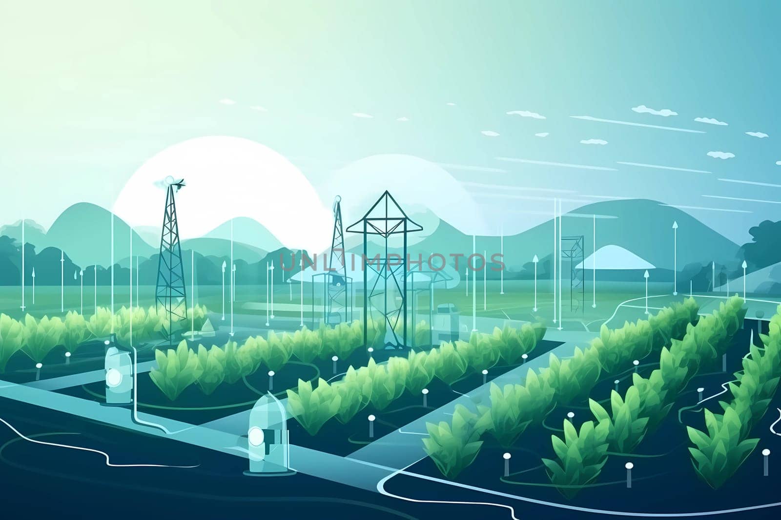 An illustration of an electric field with a blue sky and a green field with trees and a cloud.