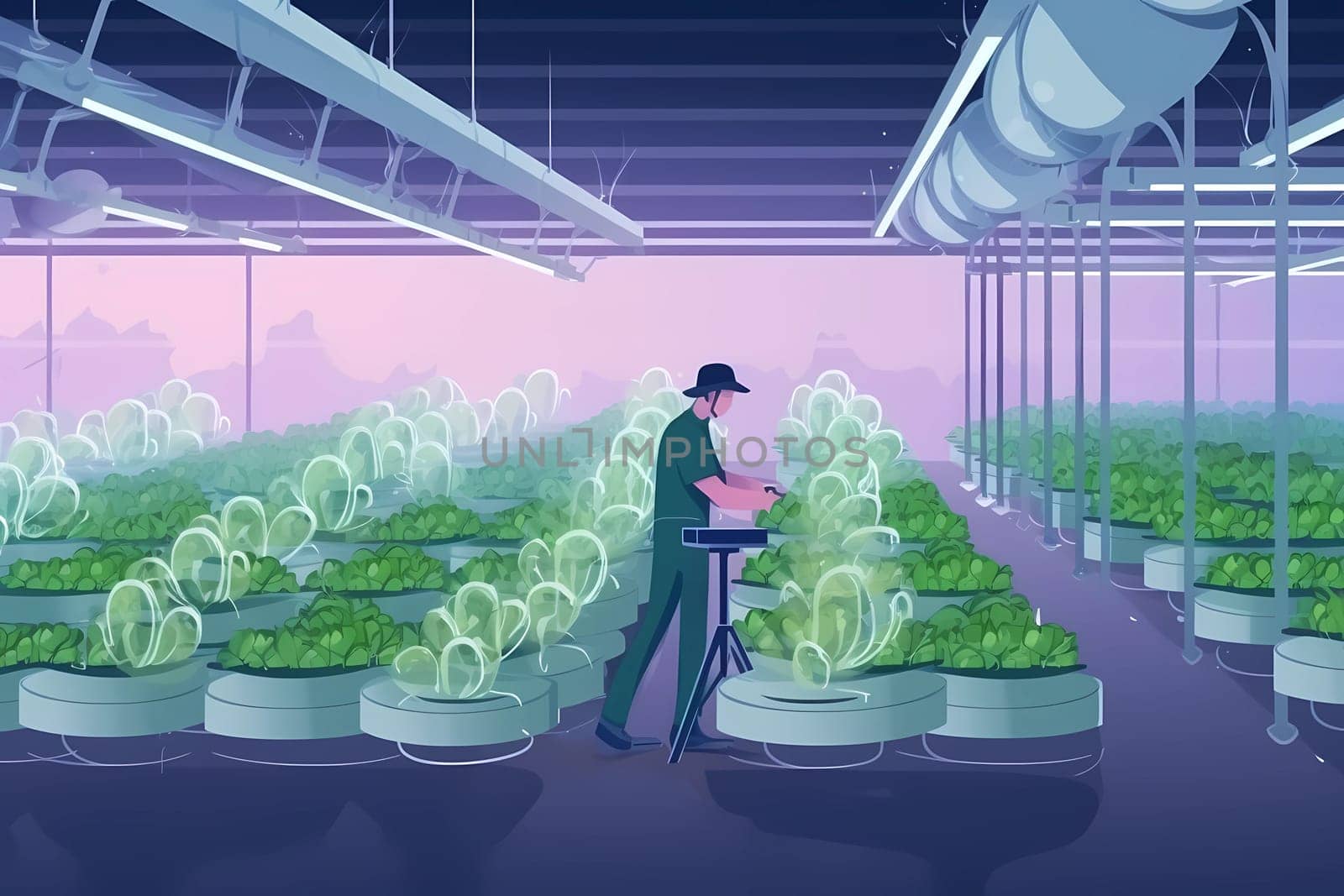 An illustration of a man working in a greenhouse with plants growing on the top. AI generation by gulyaevstudio