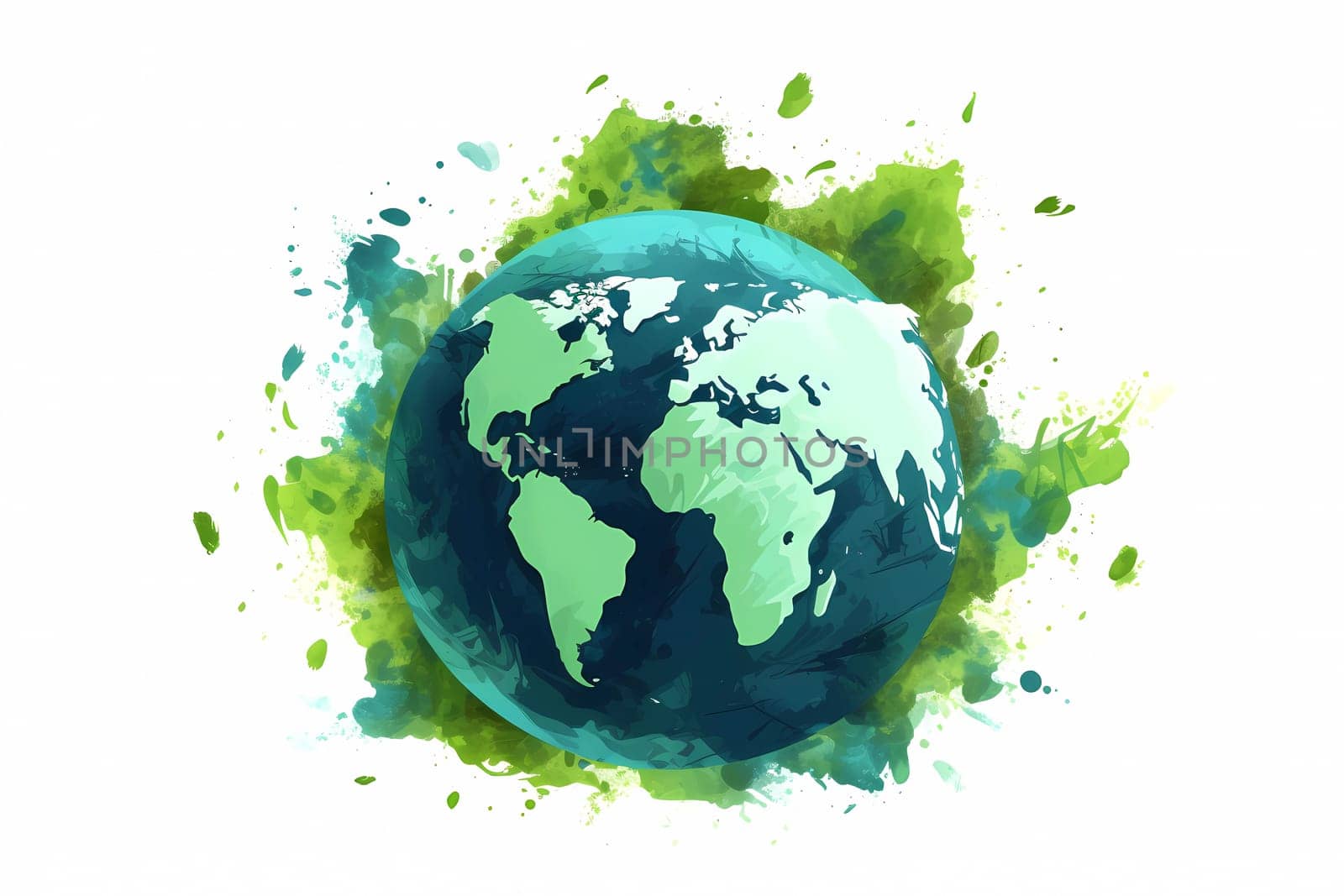 A watercolor painting of the planet earth with green leaves and the words world on it. AI generation by gulyaevstudio