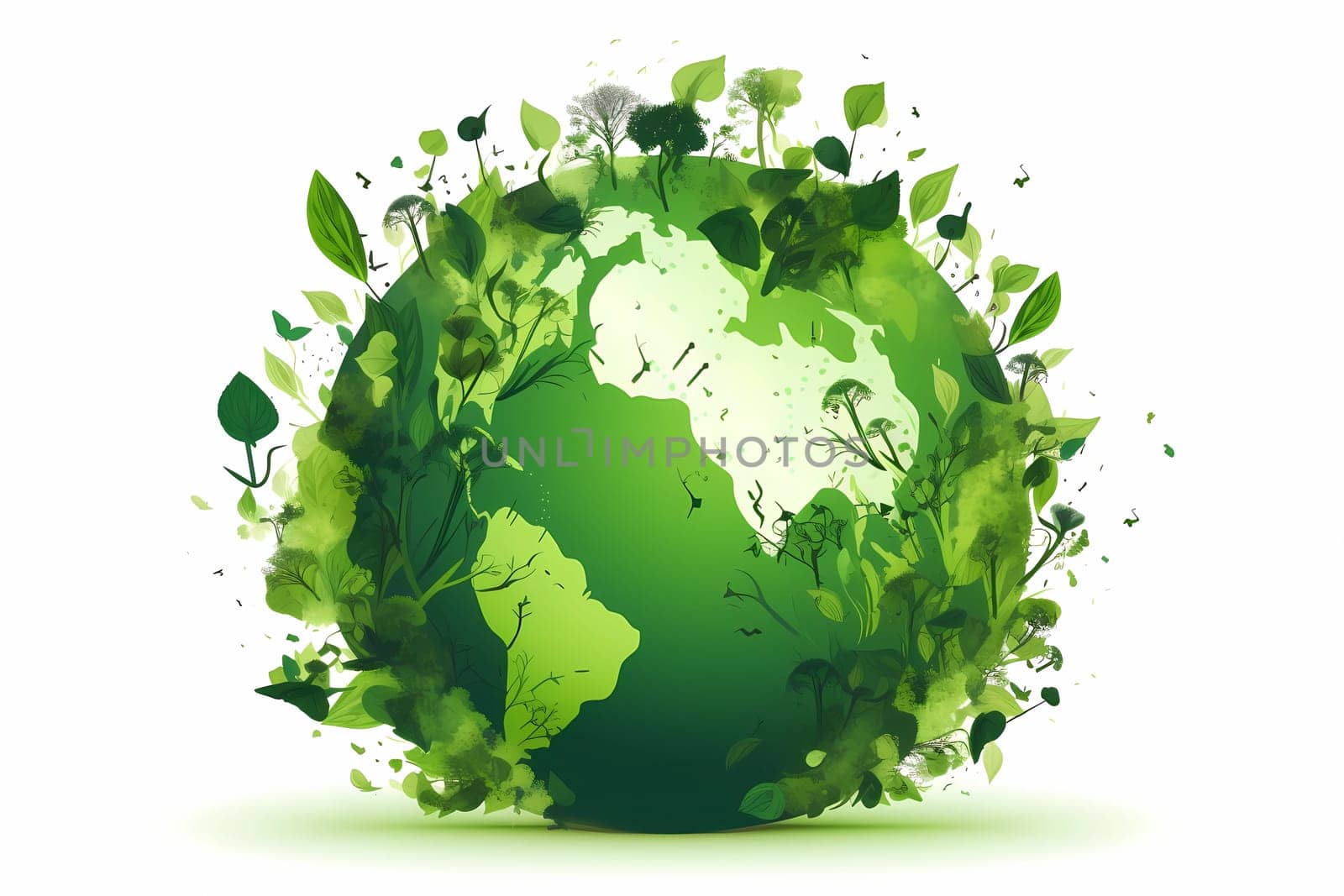 Green globe with the leaves and save the planet on it. AI generation by gulyaevstudio