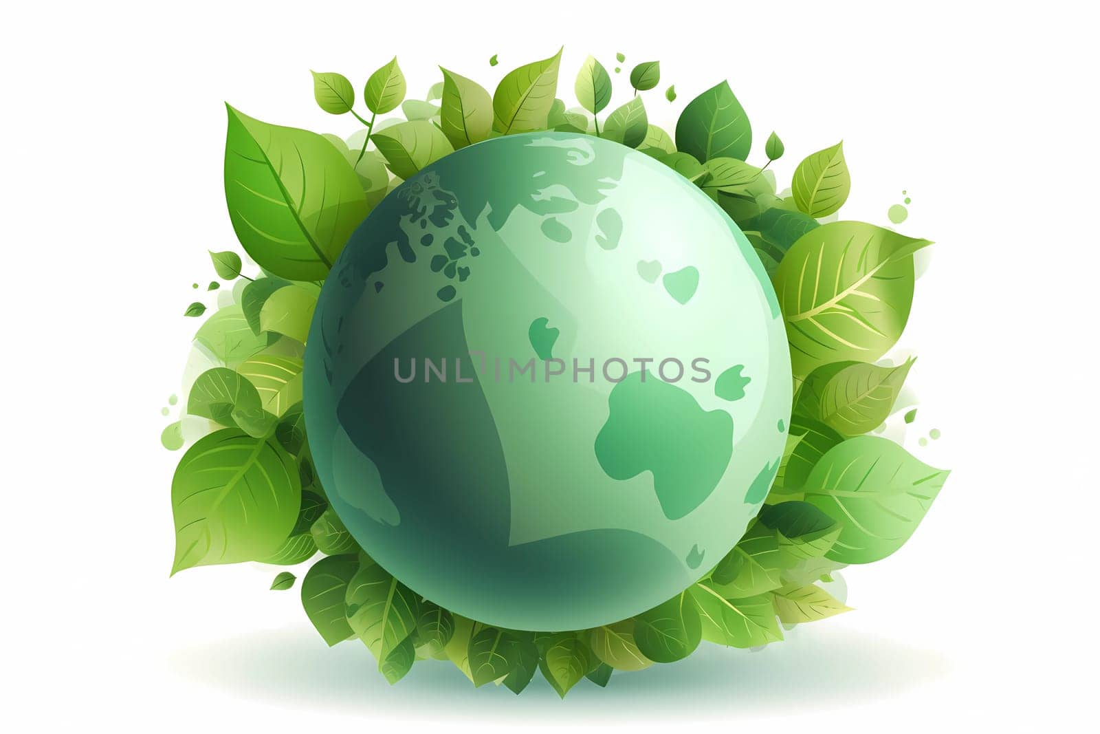 Green globe with leaves on a white background AI generation by gulyaevstudio