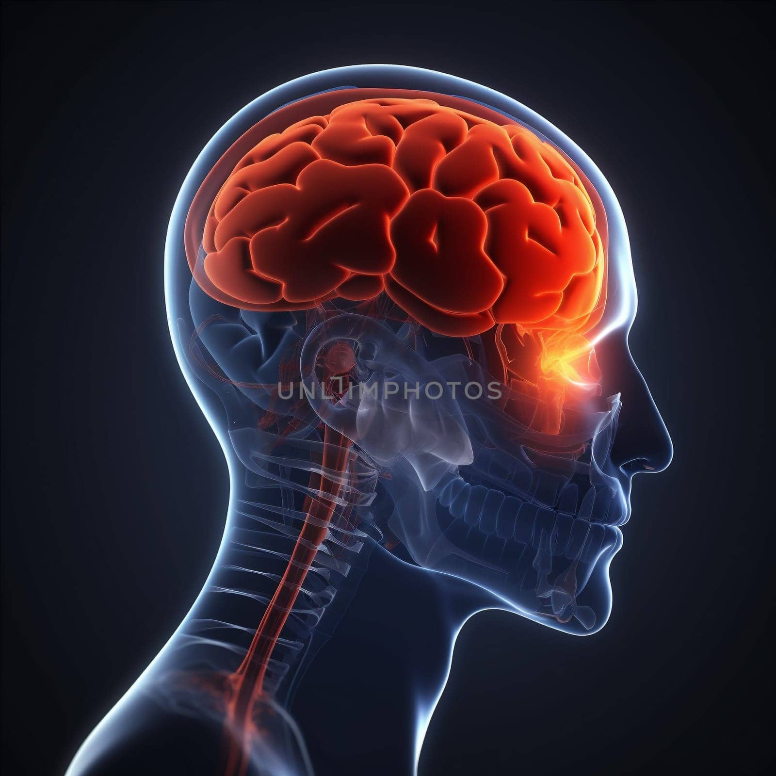 red medicine blue x-ray pain medical brain anatomy headache head. Generative AI. by SHOTPRIME