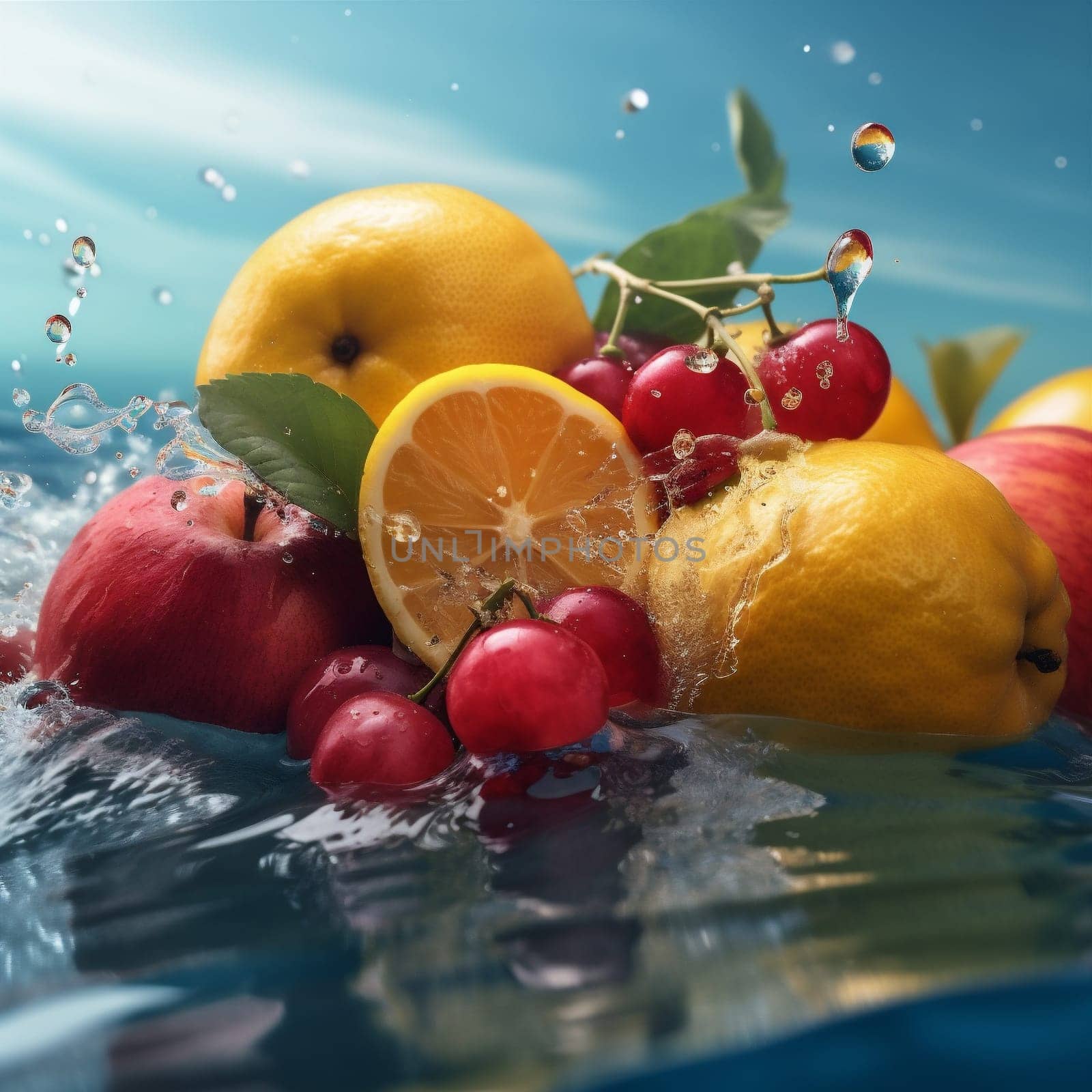 black drop fresh water vitamin healthy strawberry background food green fruit. Generative AI. by SHOTPRIME
