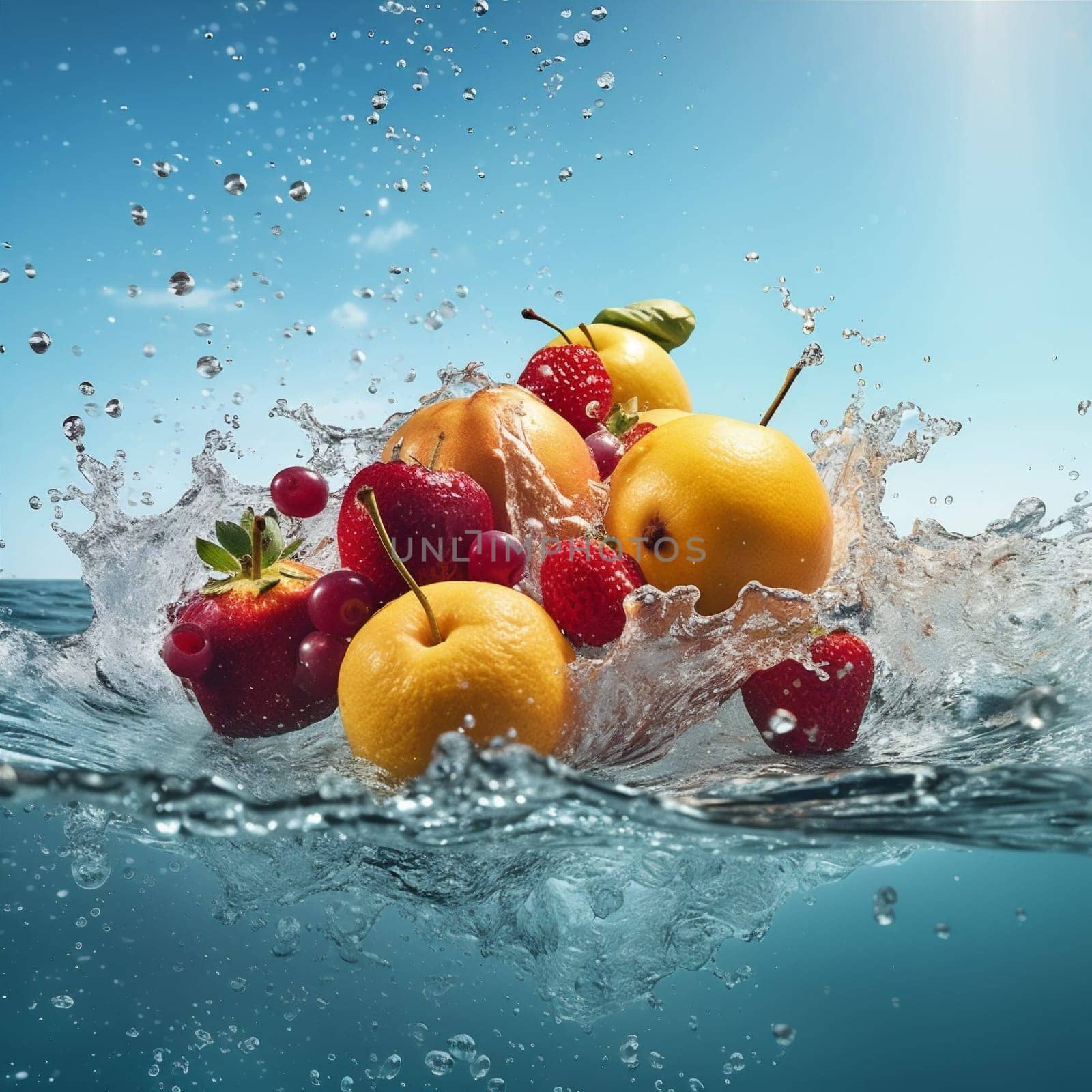 fresh drop fruit black vitamin green water strawberry food background healthy. Generative AI. by SHOTPRIME