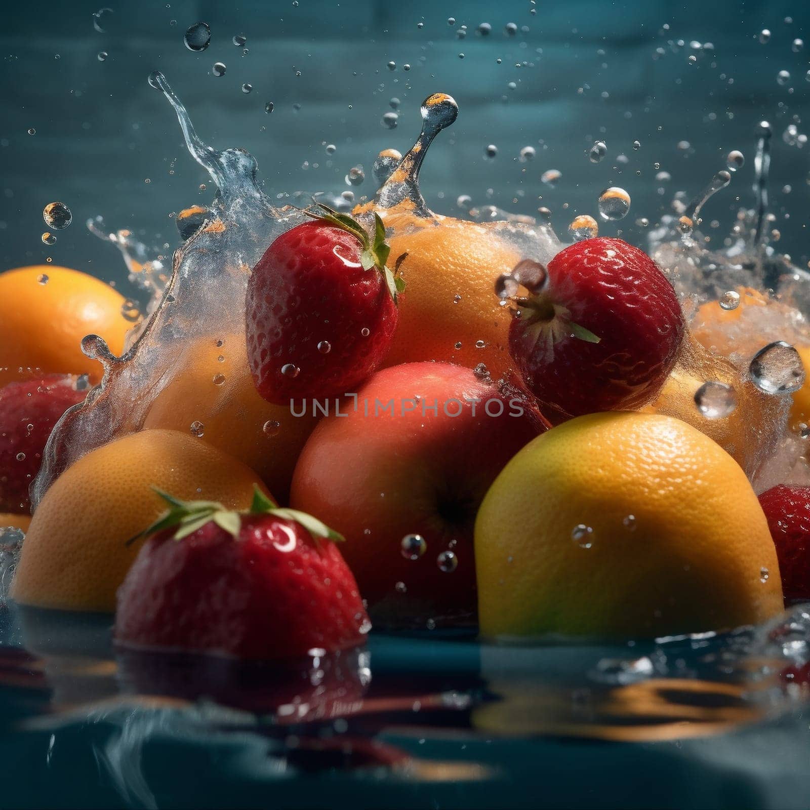 fresh healthy drop vitamin liquid water fruit food background strawberry green. Generative AI. by SHOTPRIME