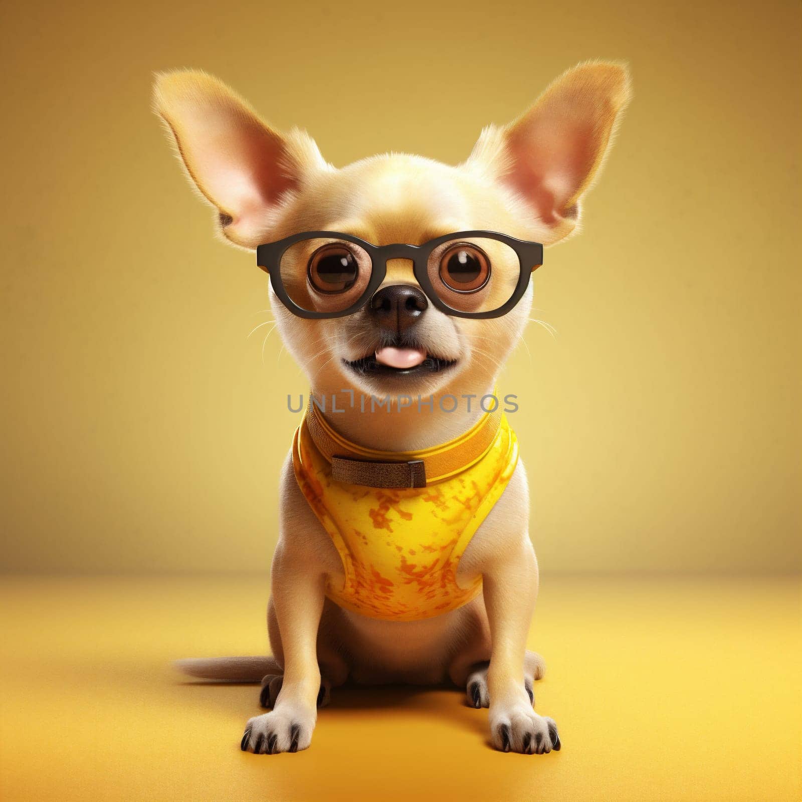 breed dog concept animal glasses adorable looking background space cute copy portrait tie fun yellow chihuahua little domestic puppy young pet studio. Generative AI.