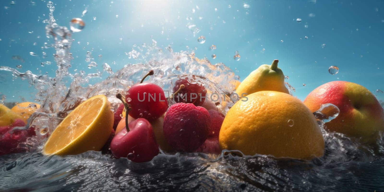 drop citrus fruit vitamin food vegetarian agriculture water berry healthy fresh liquid lemon splash splashing orange delicious background black green strawberry. Generative AI.