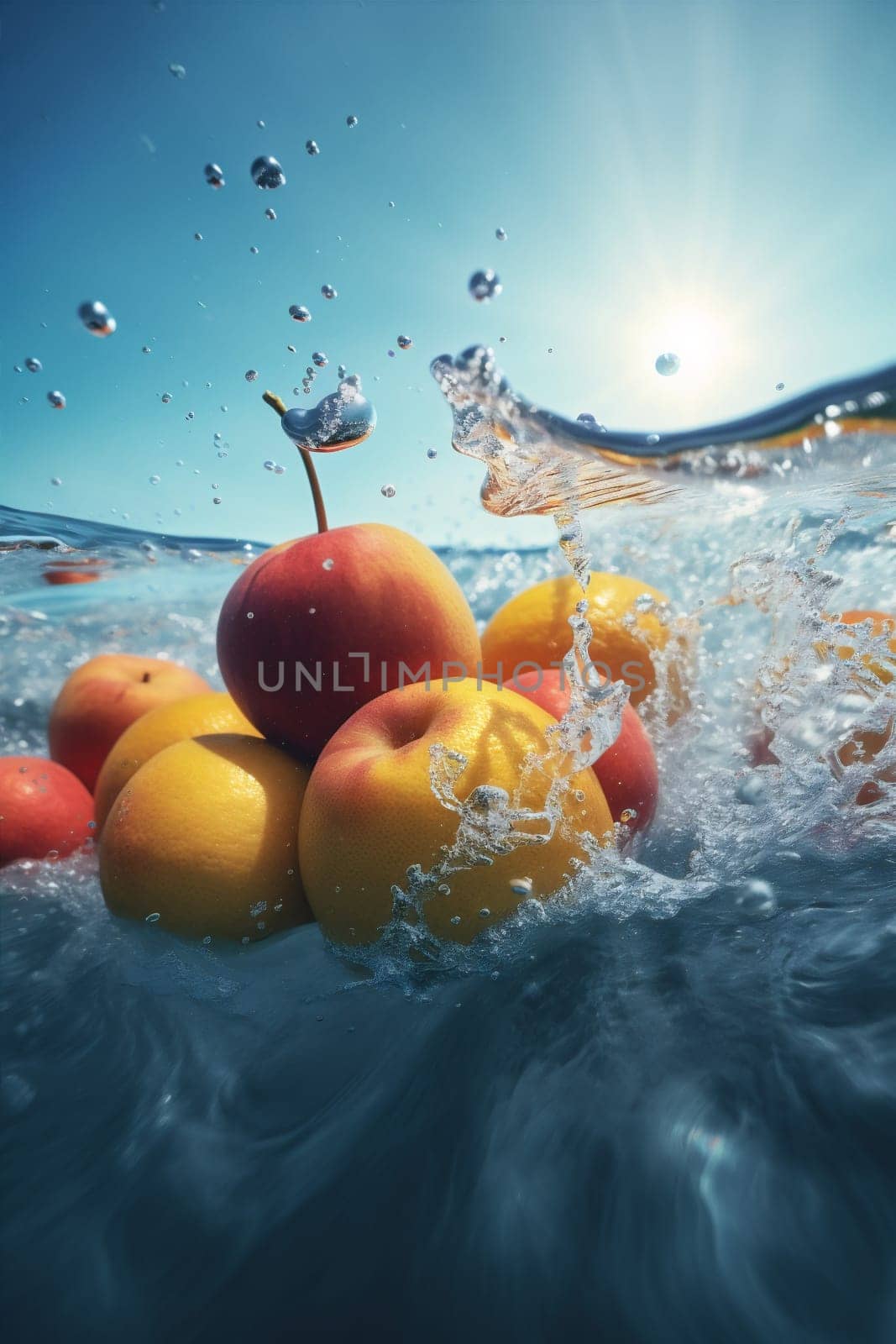 food drop green lemon vitamin fresh fruit strawberry background healthy water. Generative AI. by SHOTPRIME