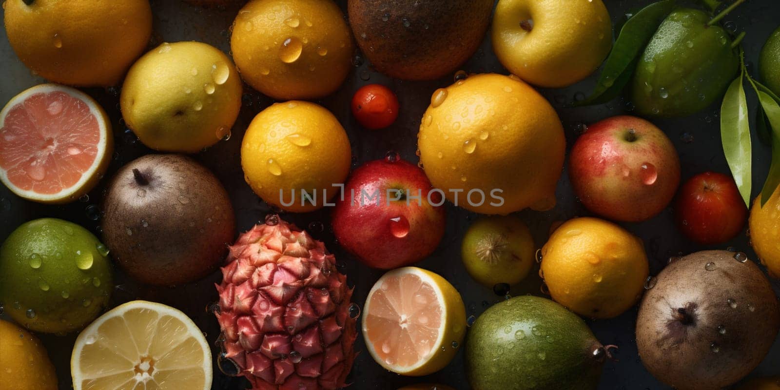 green clean background citrus delicious white space fruit healthy water market banana lemon food apple natural vitamin fresh agriculture strawberry copy drop. Generative AI.