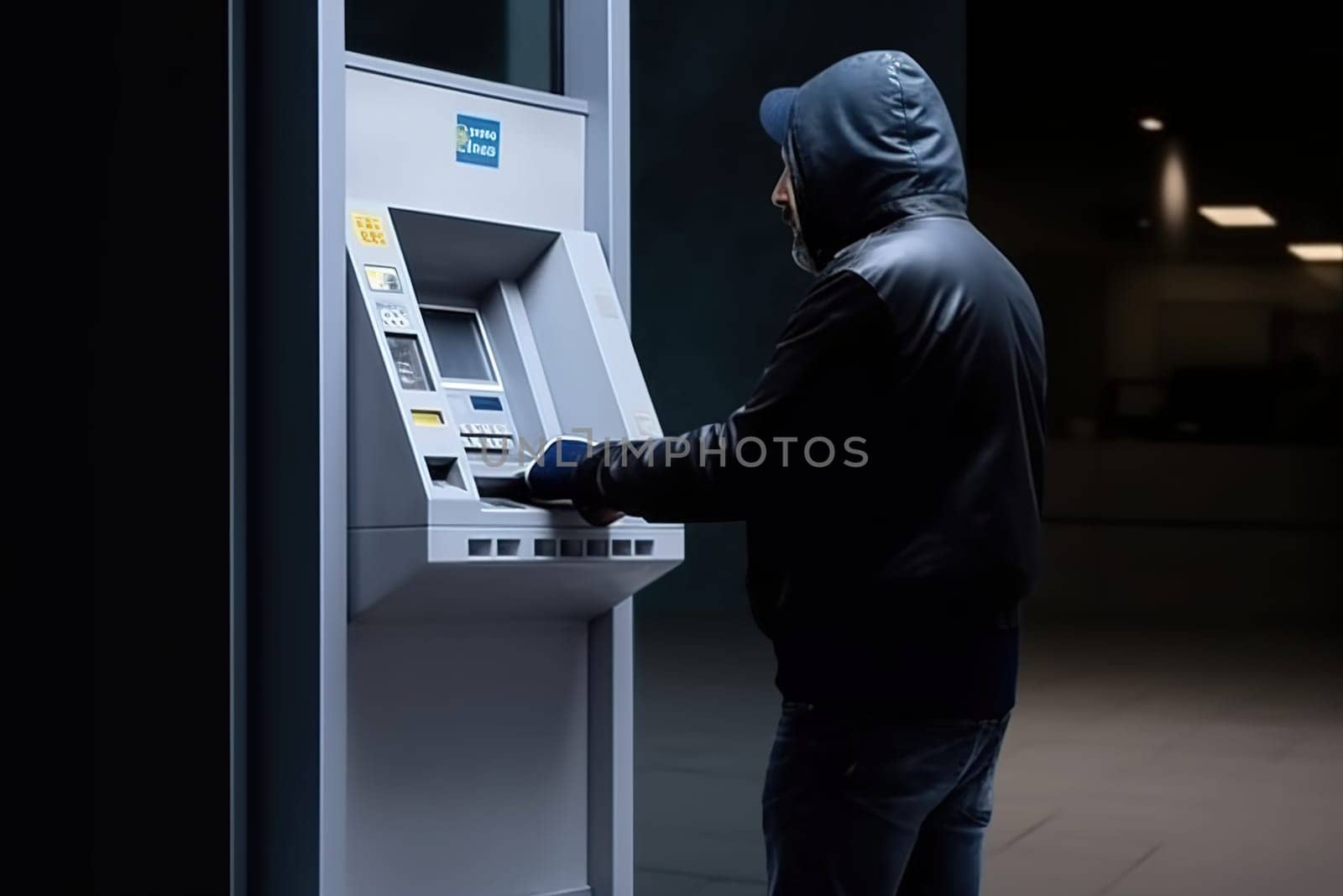 A man withdraws money from an ATM at night. Generative Ai by Yurich32