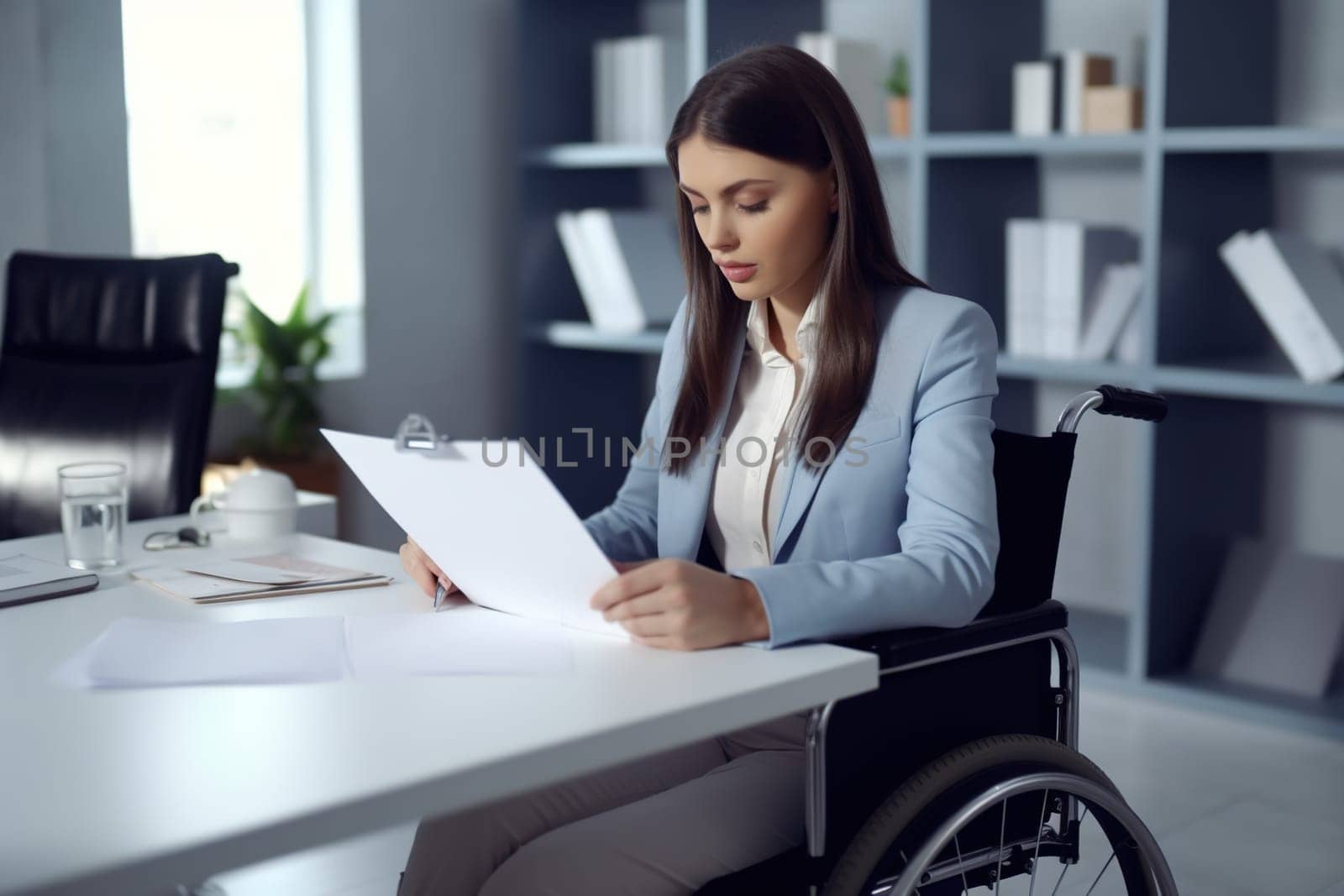A young woman in a wheelchair working with documents in her office. Generative AI. High quality photo