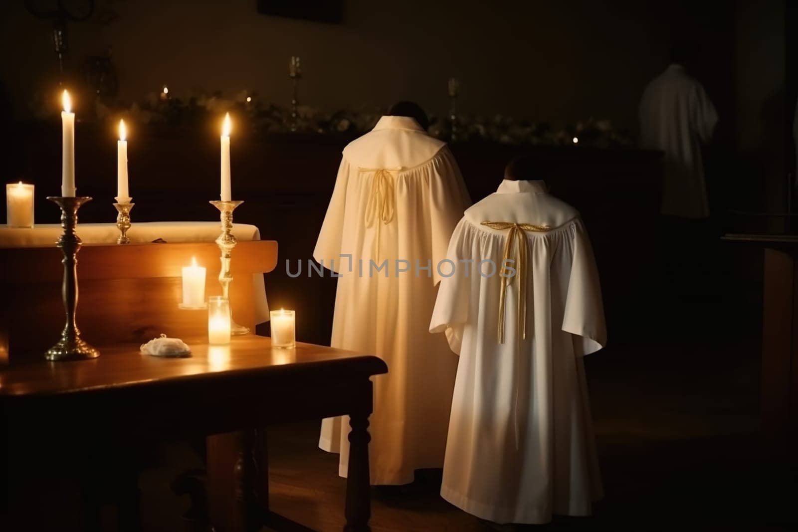 White robes for baptismal ritual in church by candlelight. Generative Ai. High quality illustration