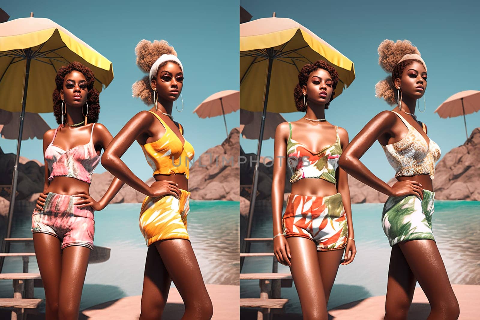 Young African-American girls in fancy swimsuits. Generative Ai. High quality illustration