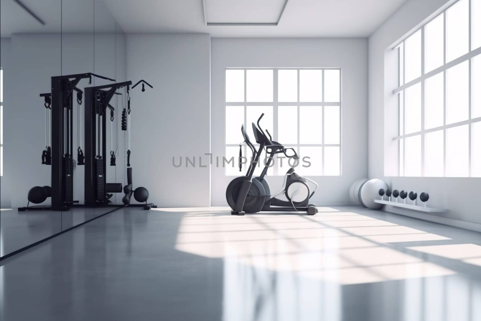 Empty gym with exercise equipment and large windows. Generative AI. High quality illustration