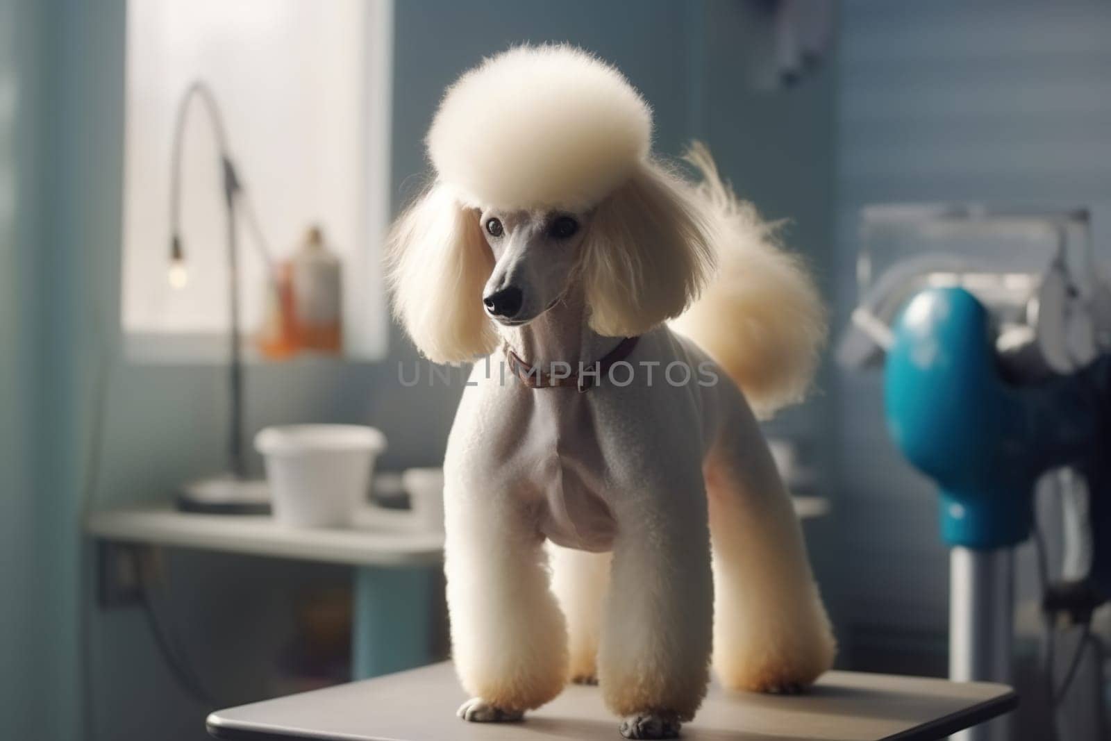 Light poodle in a beauty salon for animals. Generative AI. High quality illustration