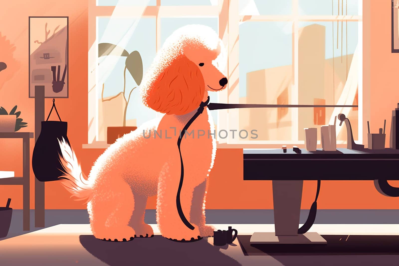 Illustration of a light poodle in an animal beauty salon. Generative AI. High quality illustration