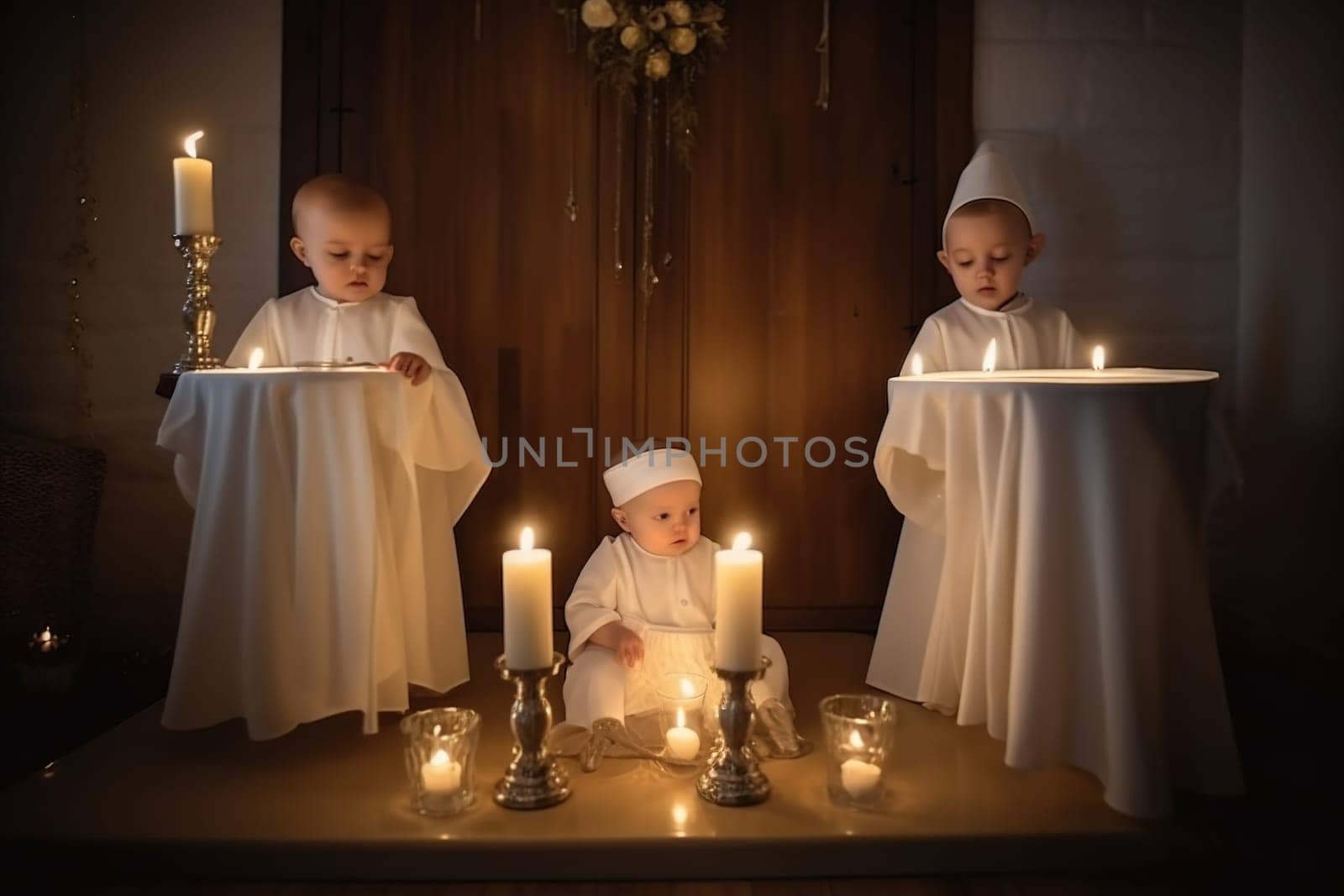 Children in white clothes for baptism in church by candlelight. Generative Ai. High quality illustration