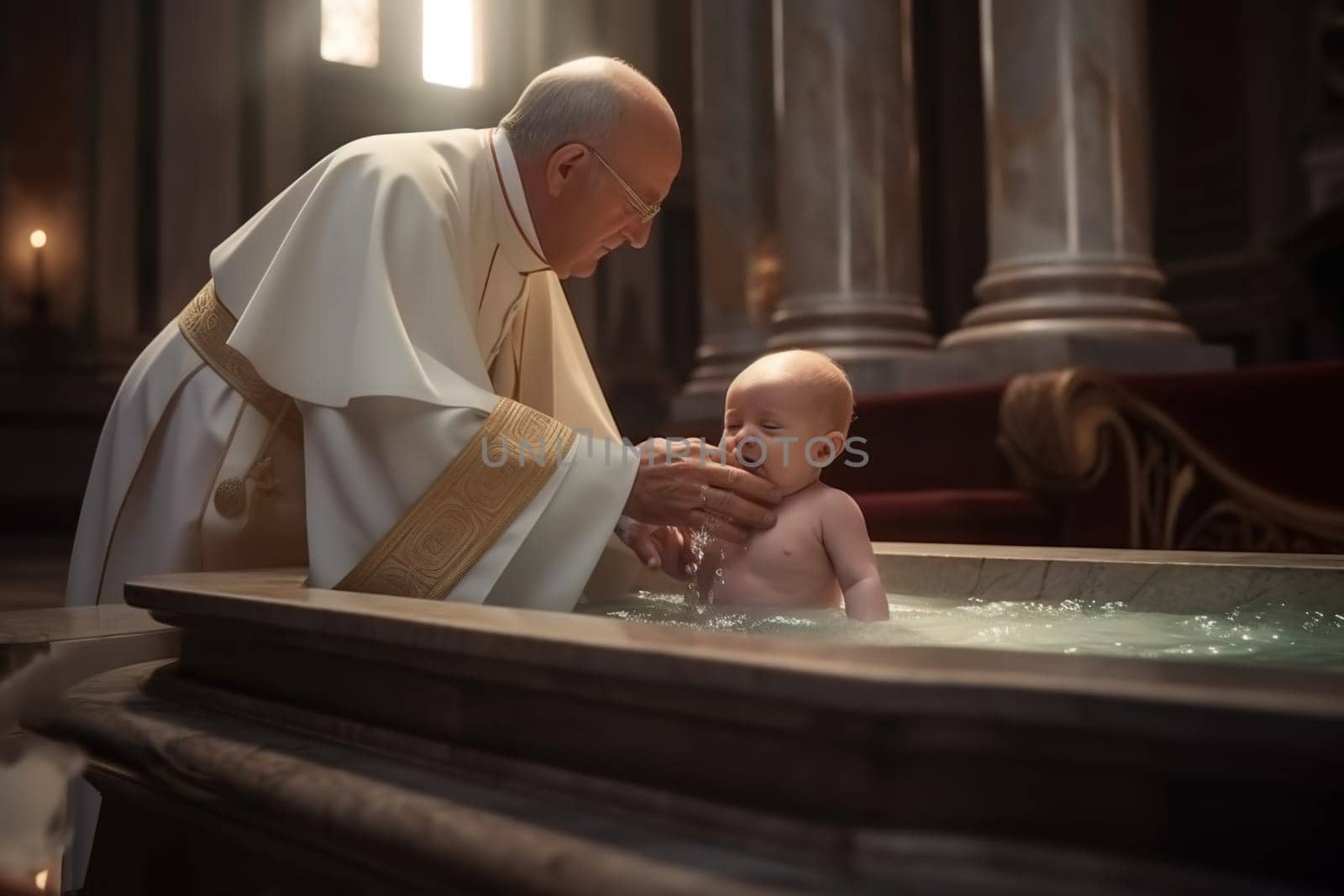The priest baptizes the baby in the temple, dipping him into the font. Generative AI. High quality illustration