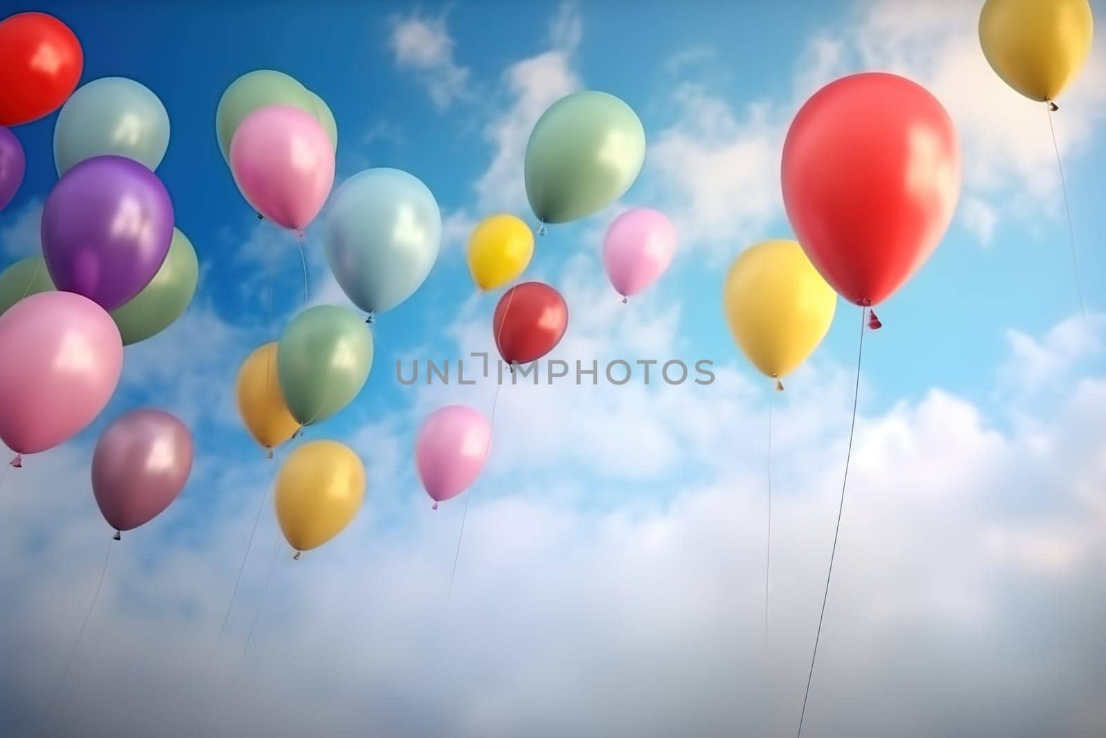 Multicolored balloons against the blue sky. Generative AI. High quality photo