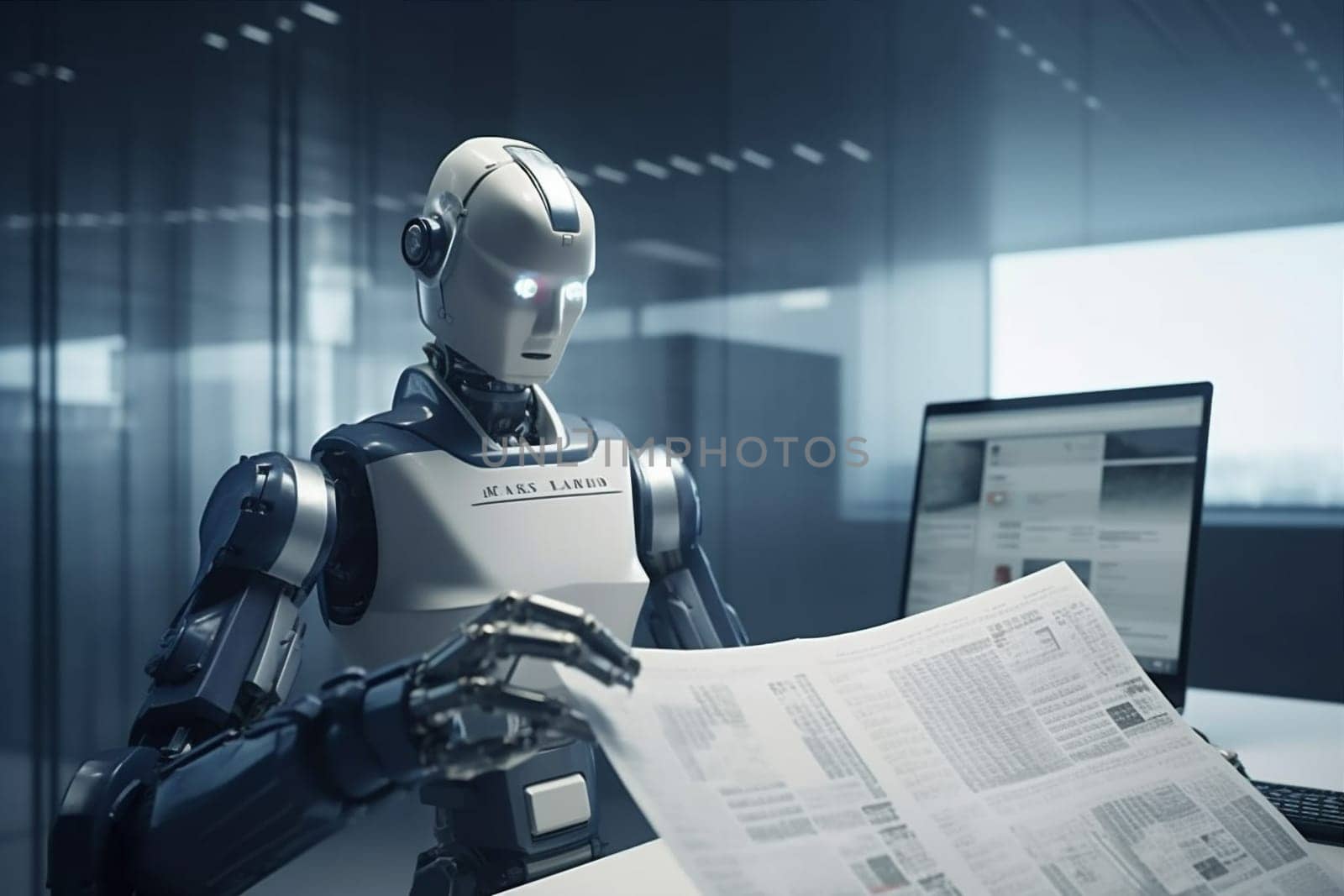 technology paper arm document cyber automation communication future artificial financial modern laptop mechanical robot tech information digital hand ai office. Generative AI.