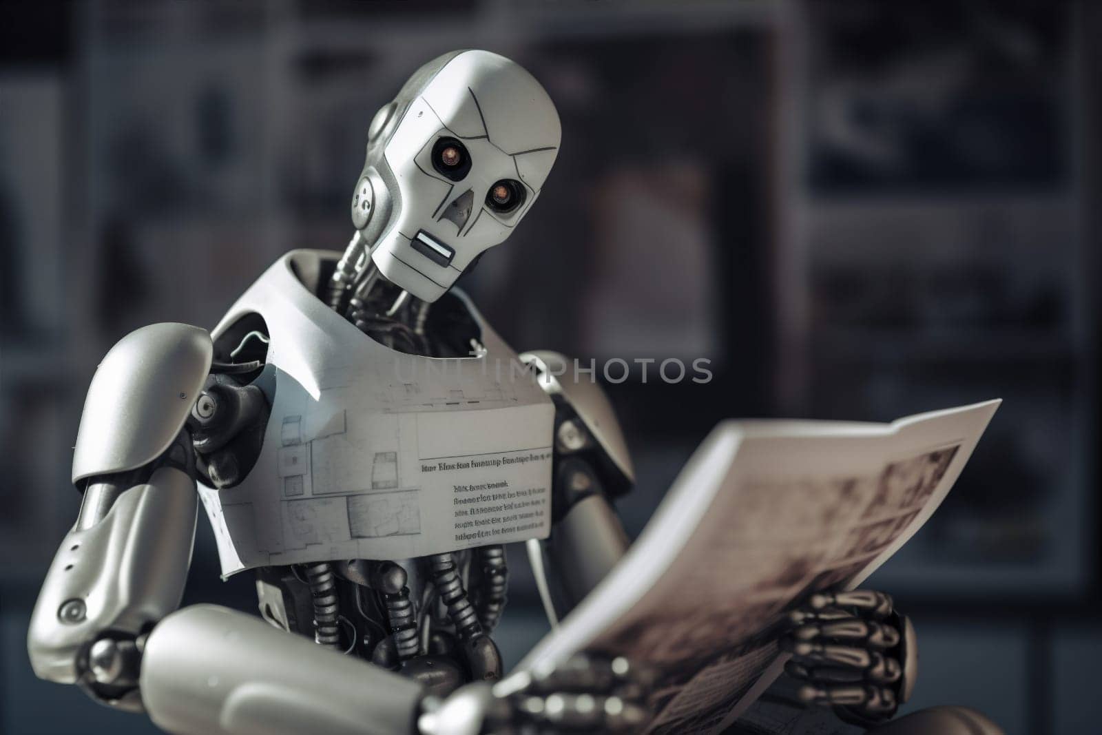 robot computer technology signing online laptop page ai digital hand cyberspace paper document process pen artificial futuristic office write paperwork. Generative AI.