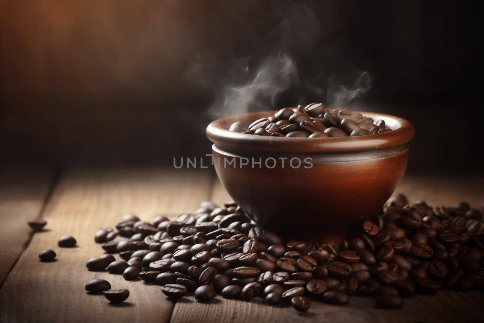 space brown roast espresso cappuccino mug copyspace old close retro cup morning cafe aroma breakfast bean foam wood drink smoke. Generative AI.