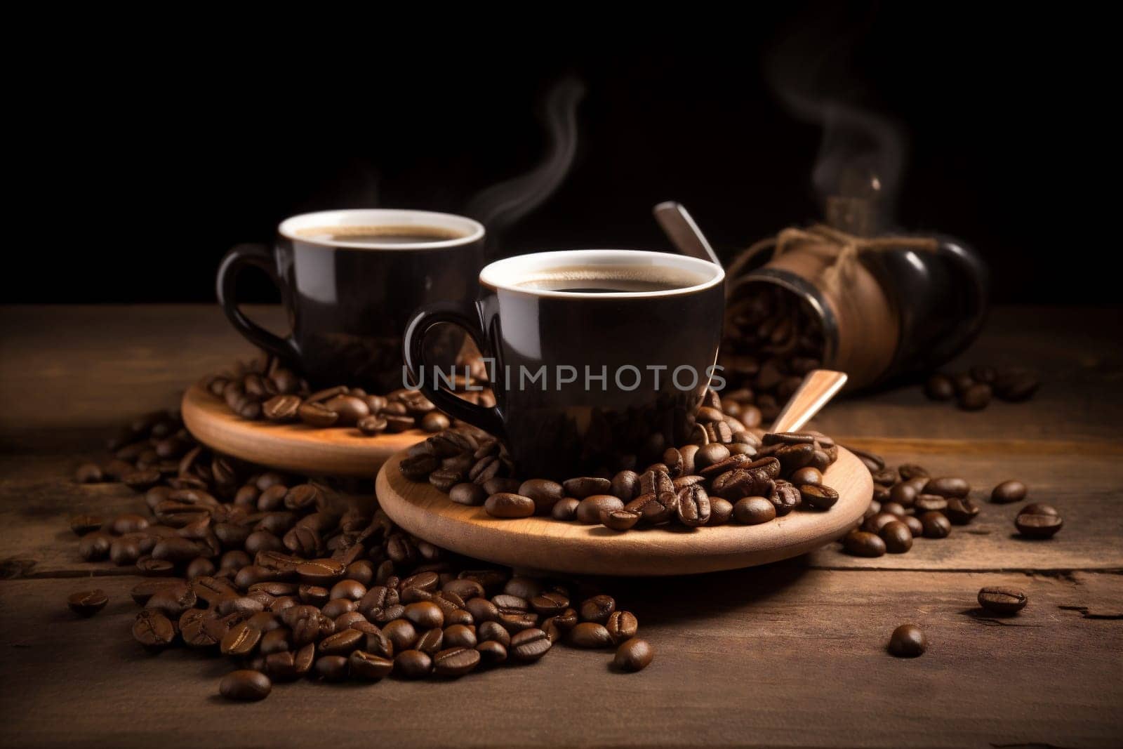 bean breakfast cappuccino smoke brown white retro cafe drink table roast beverage espresso morning mug cup caffeine close dark aroma. Generative AI.