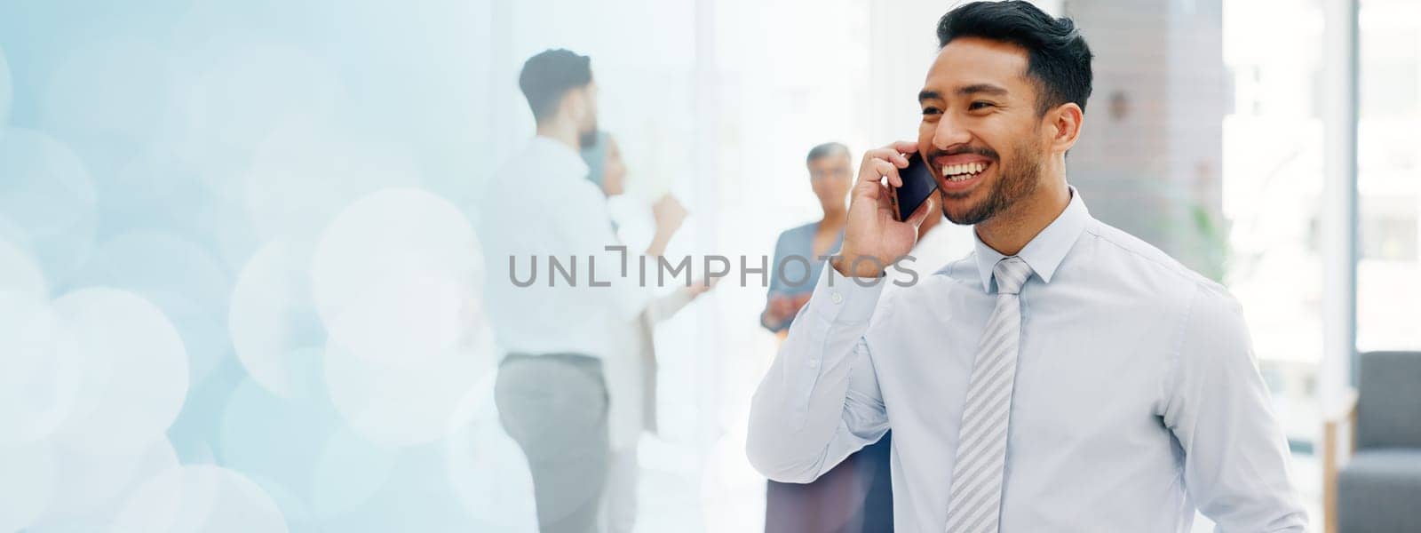 Businessman, communication and phone call with mobile networking at financial advisory startup company. Conversation, b2b and business man consulting on smartphone, talking and standing in office. by YuriArcurs