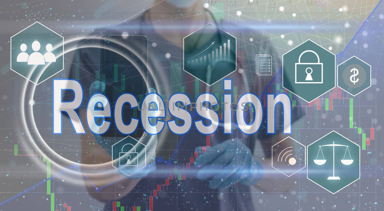 virtual icon with the word recession.