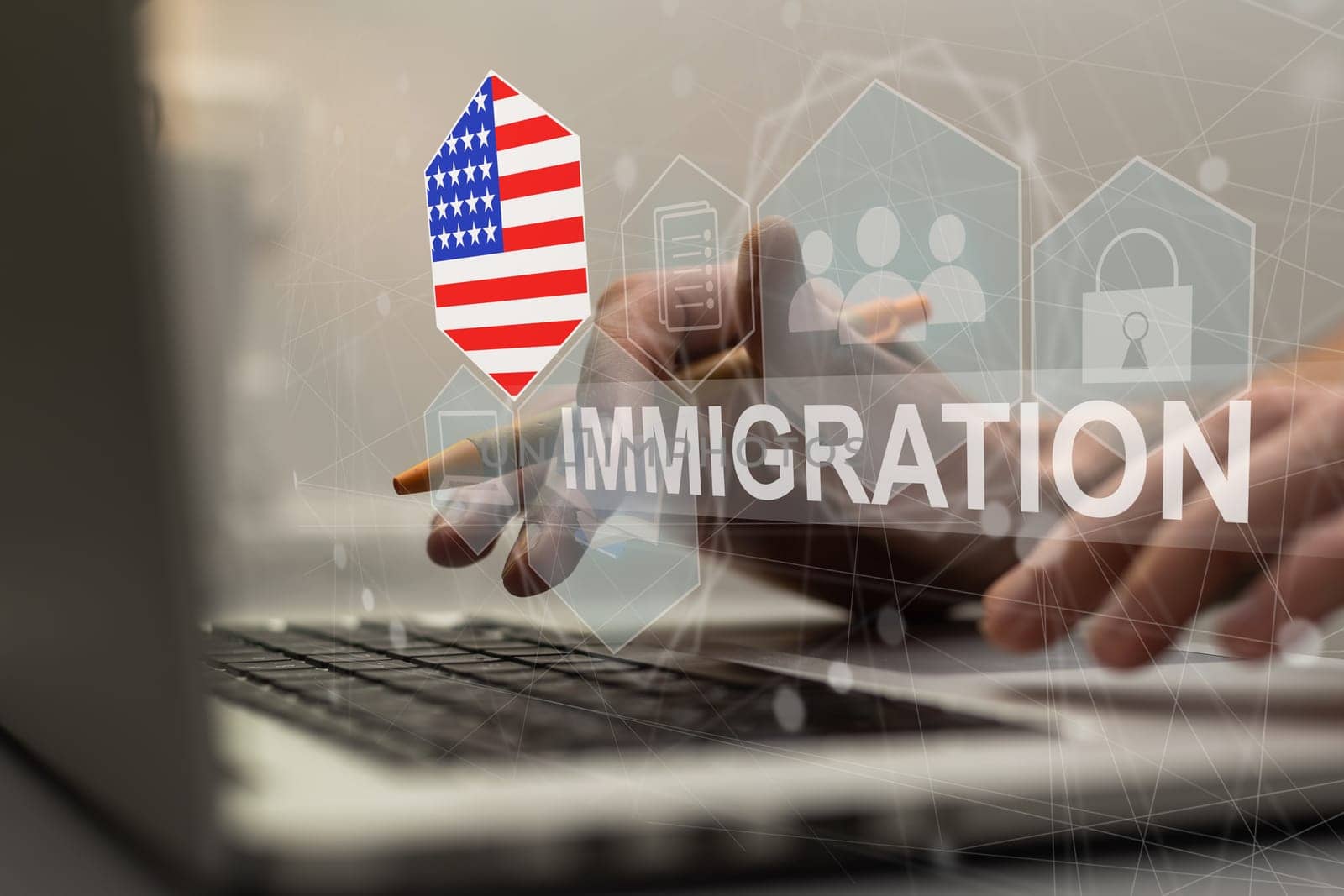 United States of America immigration concept. Man pressing virtual button with flag icon. by Andelov13