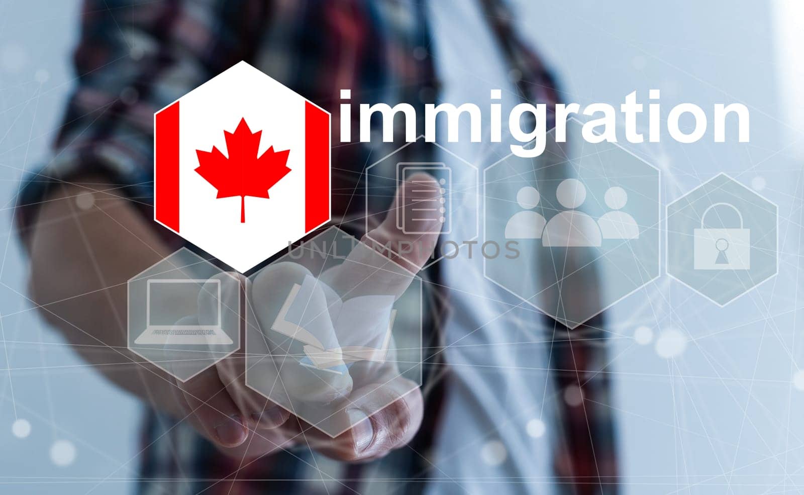 Concept of immigration to Canada with virtual button pressing by Andelov13