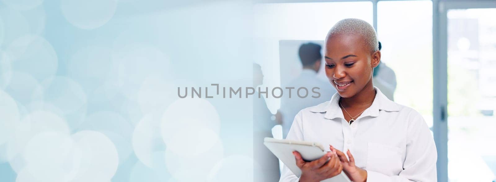 Face, corporate and black woman with tablet, smile and digital marketing for sales growth, goals and workplace. Portrait, African American female employee or leader with happiness and online schedule.