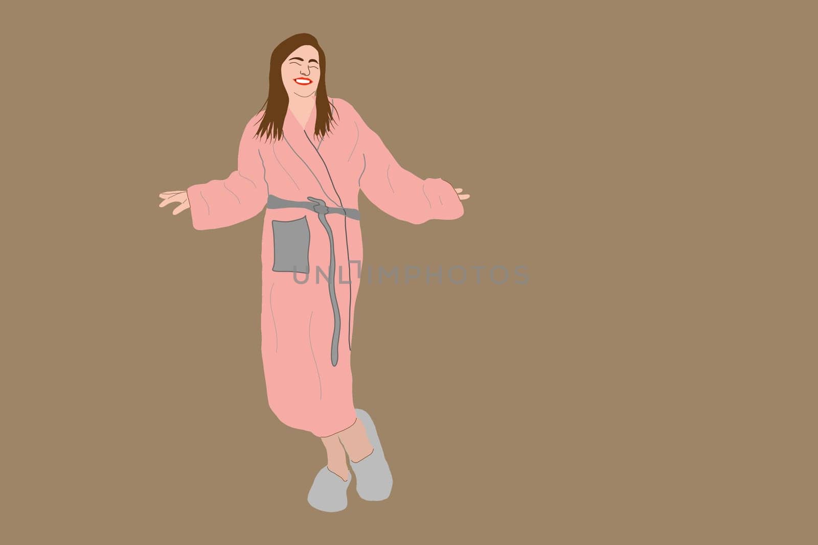 Beautiful woman in pink bathrobe. Beauty routine and wellness. illustration.