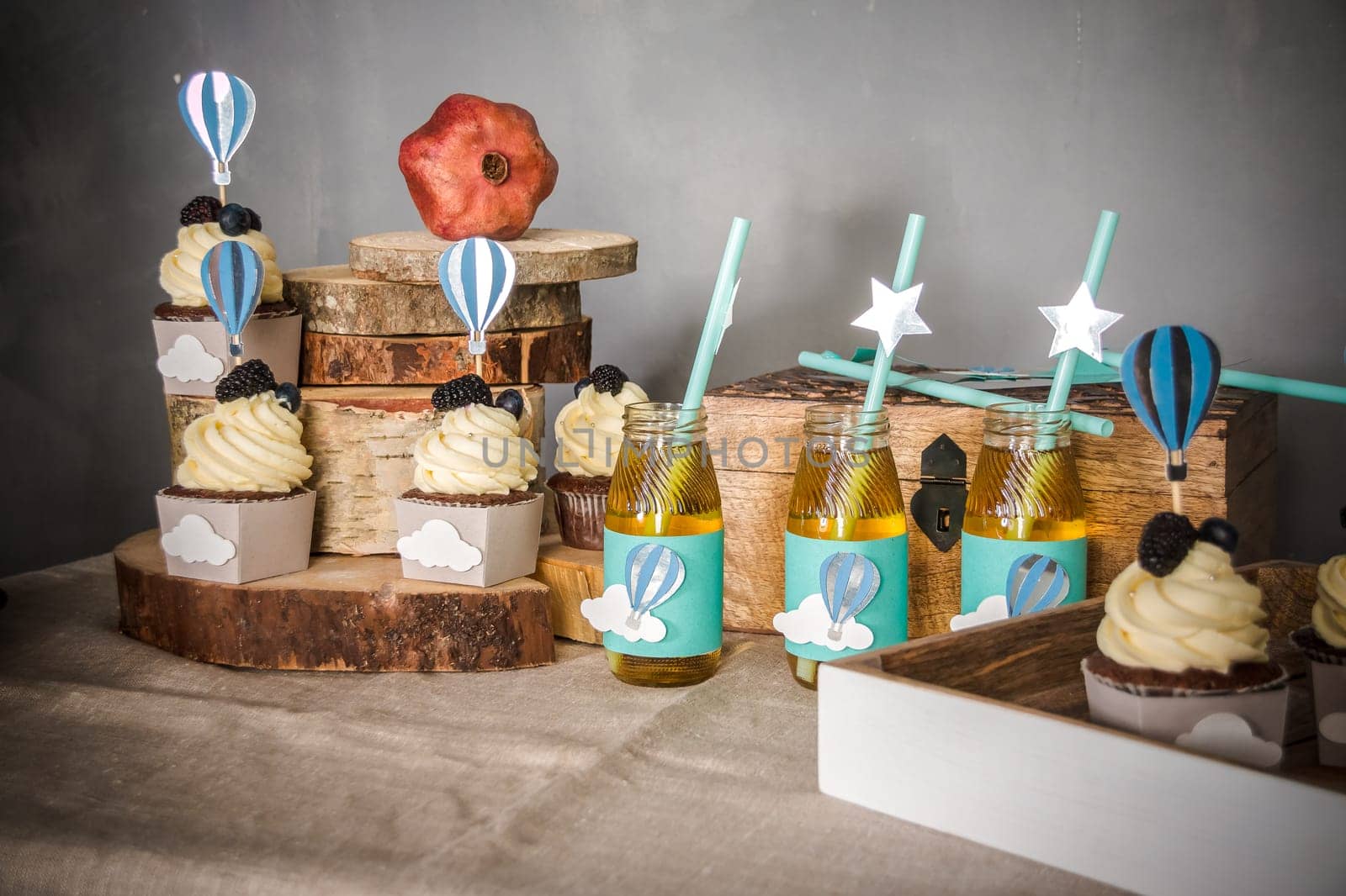 Buffet with sweets. Sweet, colorful cupcakes. Sweet table for banquets, weddings, parties Candy bar