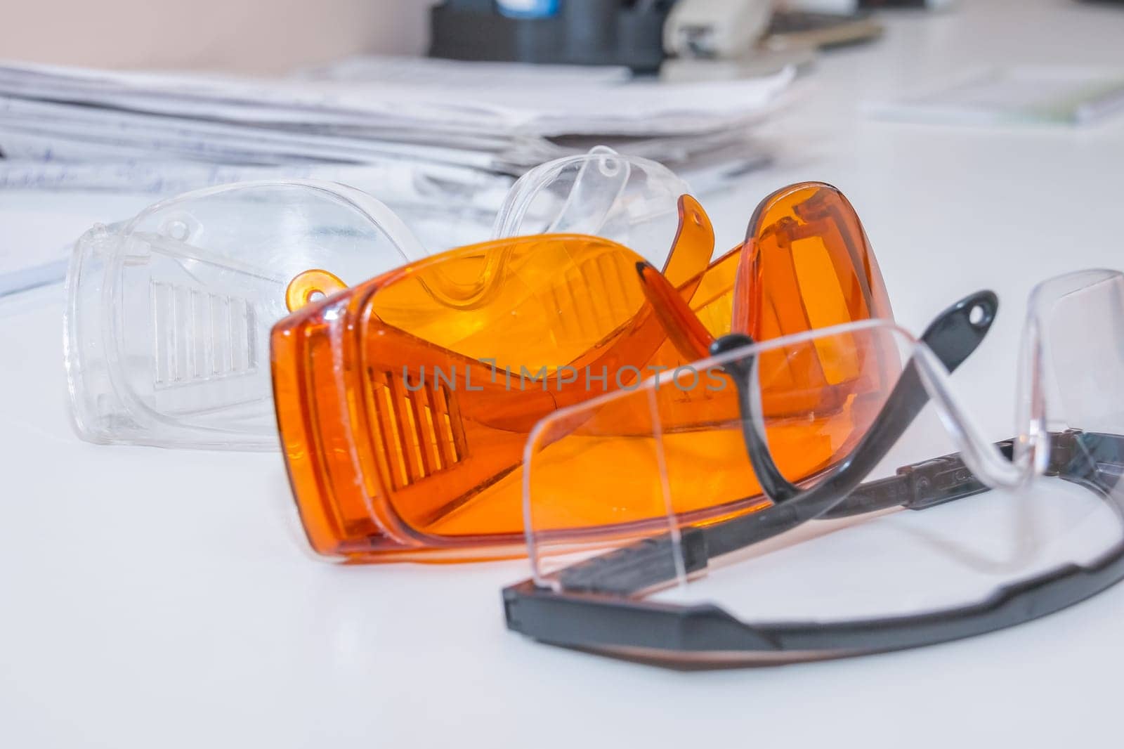 collection of safety glasses for patient other, health equipment to prevent cross infection. Dentist clinic. protective glasses.