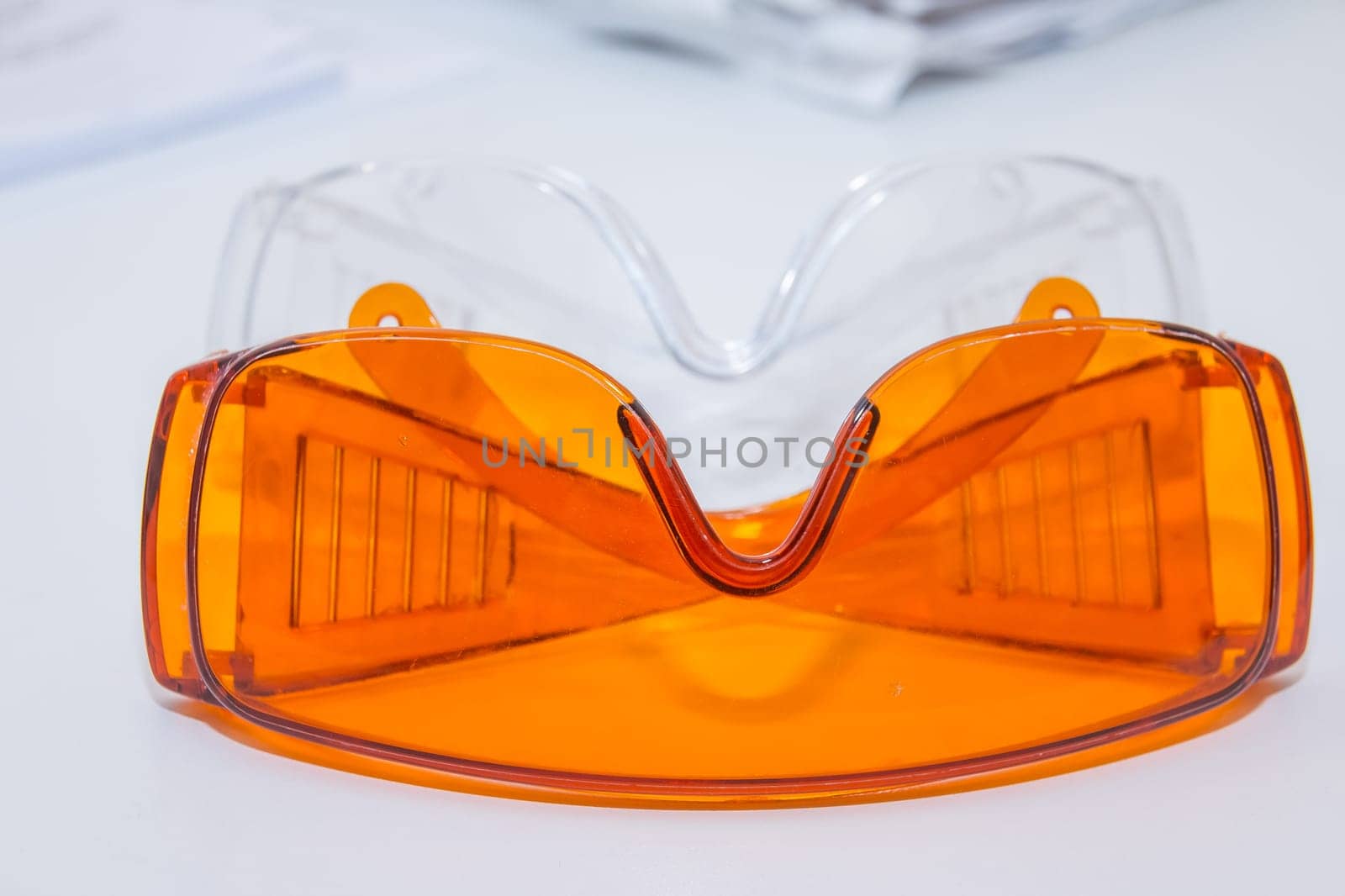 collection of safety glasses for patient other, health equipment to prevent cross infection. Dentist clinic. protective glasses.
