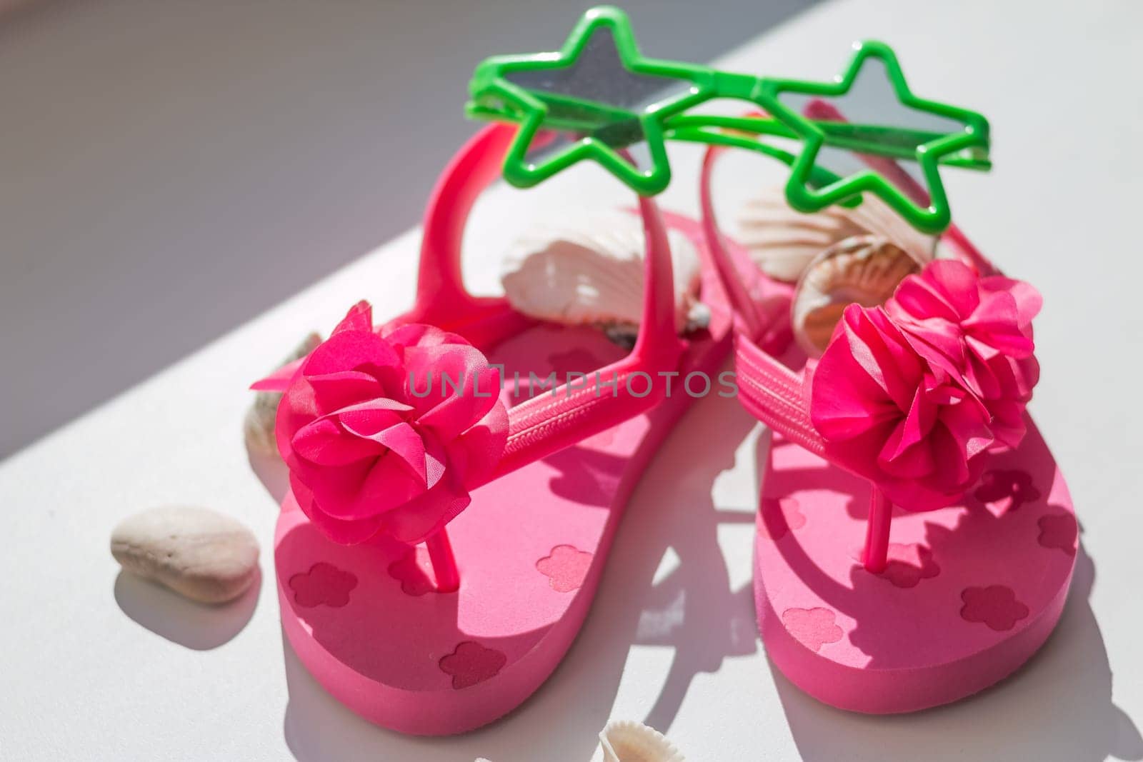 summer pink Shoes for kids, Children's slippers, beach fashion for baby, Colorful of Sandals shoes and sun glasses, holiday concept