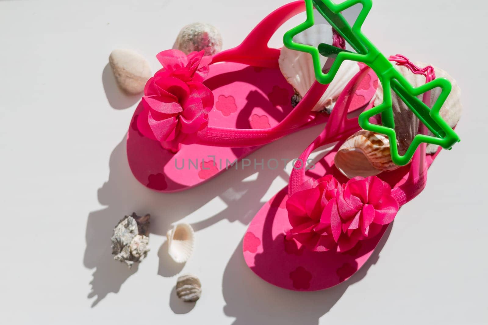 summer pink Shoes for kids, Children's slippers, beach fashion for baby, Colorful of Sandals shoes and sun glasses, holiday concept