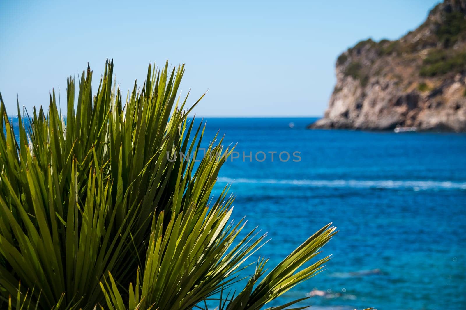 Beautiful summer panoramic seascape. View of the coastline into the sea bays with crystal clear azure water. In the backlight sunbeam light.