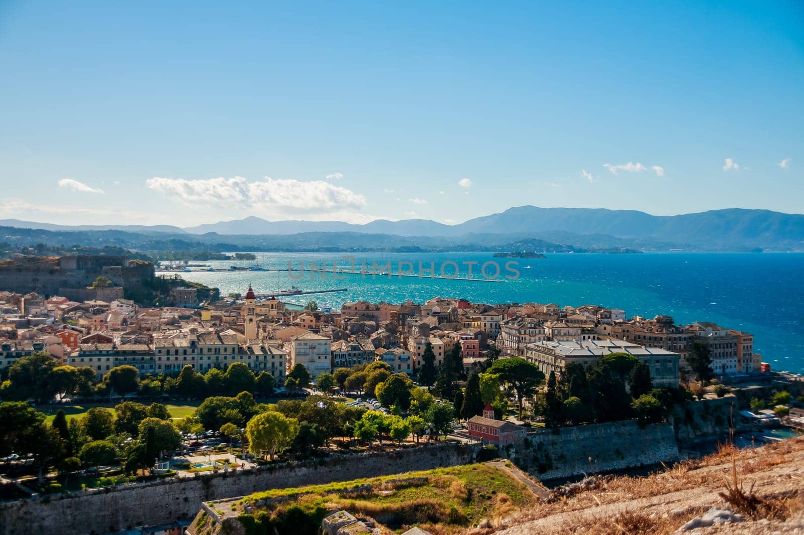 CORFU KERKYRA ISLAND, GREECE.Panoramic view of the old town of Corfu. UNESCO World Heritage Site and the New Fortress.