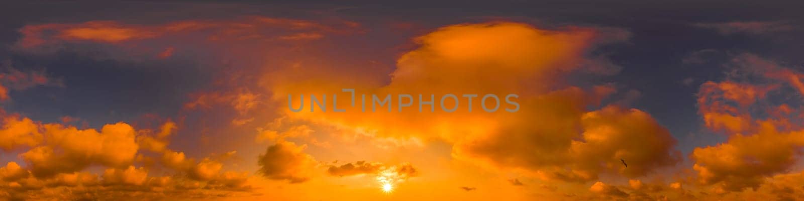 Blue Orange evening sky seamless panorama spherical equirectangular 360 degree view with Cumulus clouds, setting sun. Full zenith for use in 3D graphics, game and aerial drone panoramas as sky replacement. by Matiunina