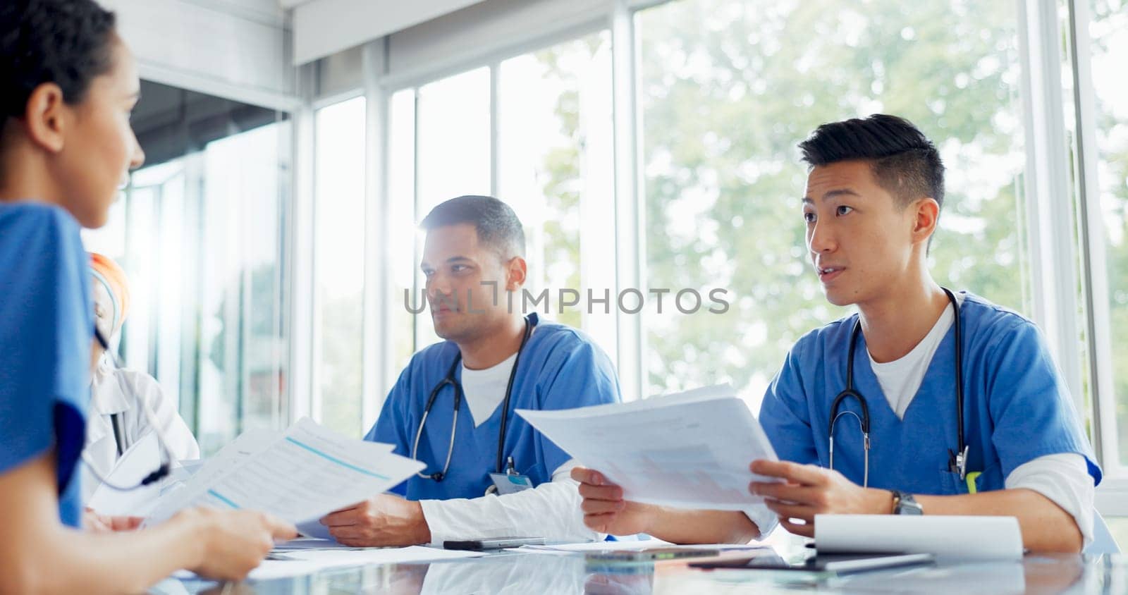 Handshake, welcome and doctors in an interview, planning meeting and healthcare schedule at a hospital. Support, partnership and medical employees shaking hands, agenda communication and solidarity.