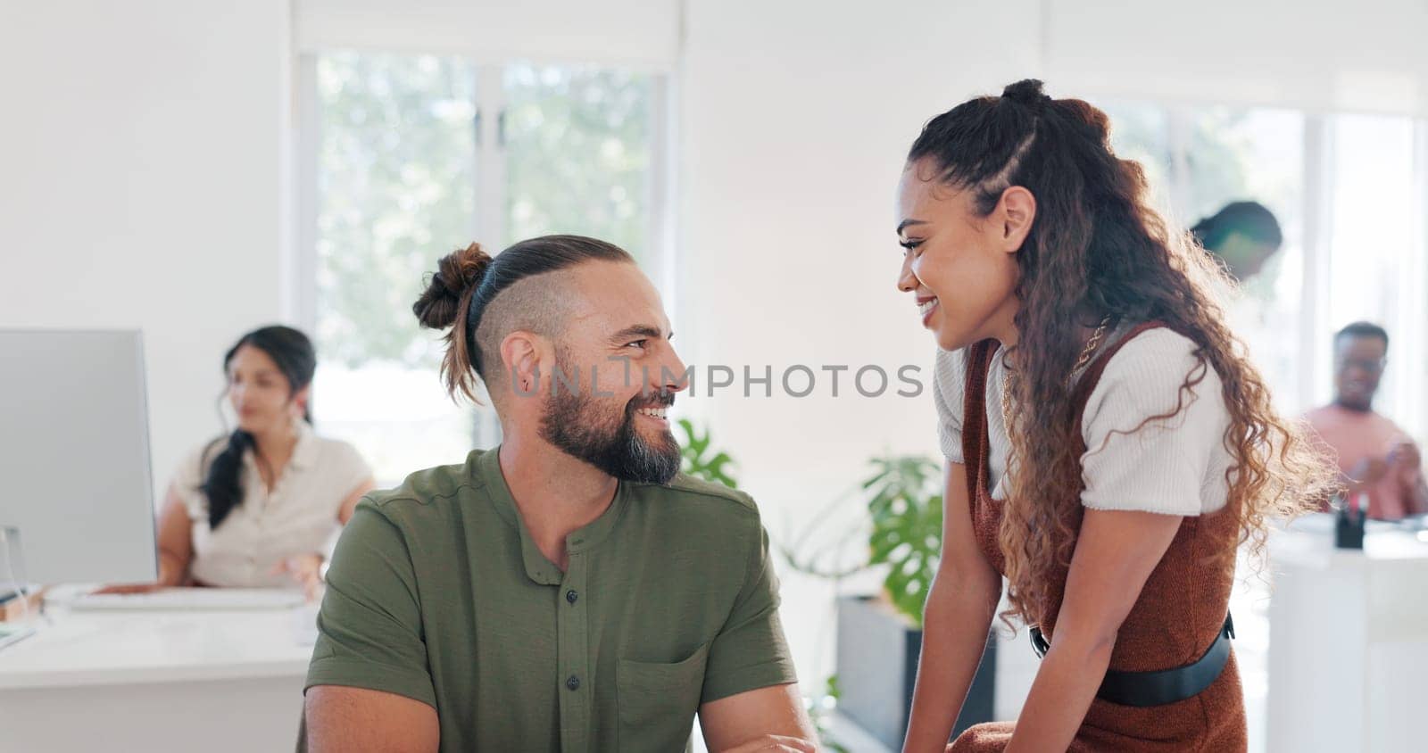 Flirting, planning and talking business people at work, funny conversation and happiness in an office. Comic, communication and smiling woman being flirtatious with a man while working together.