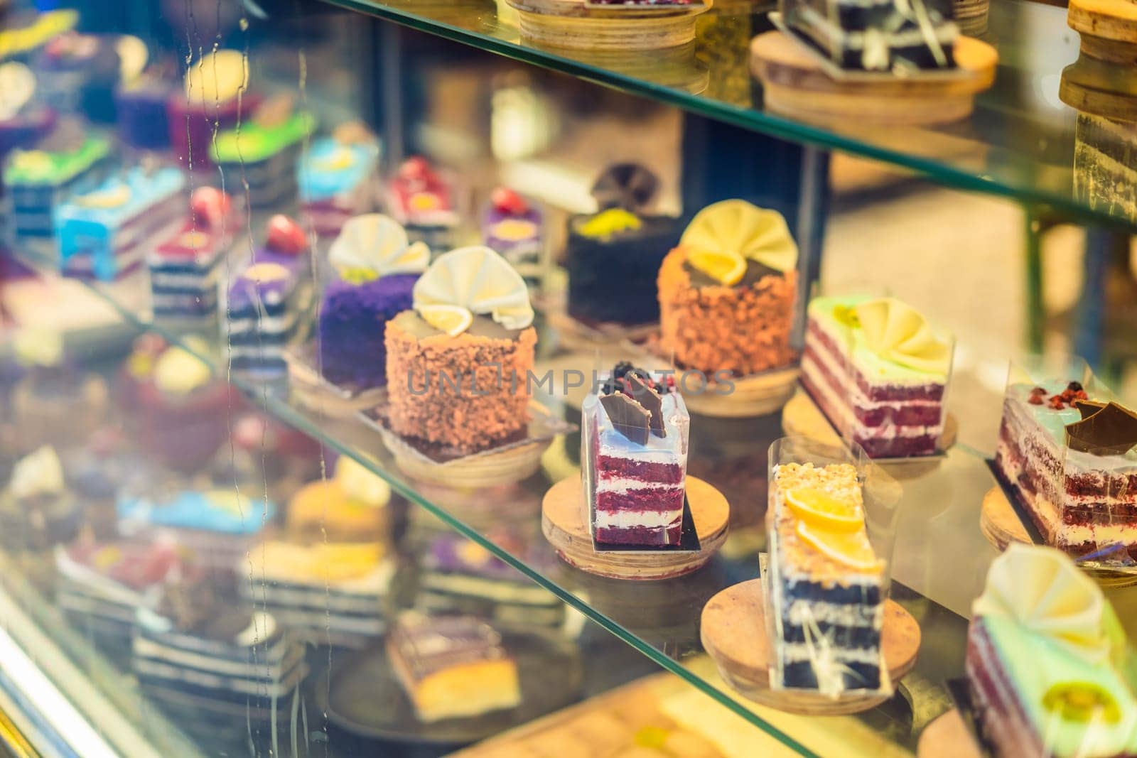 Different types of cakes in pastry shop glass display.